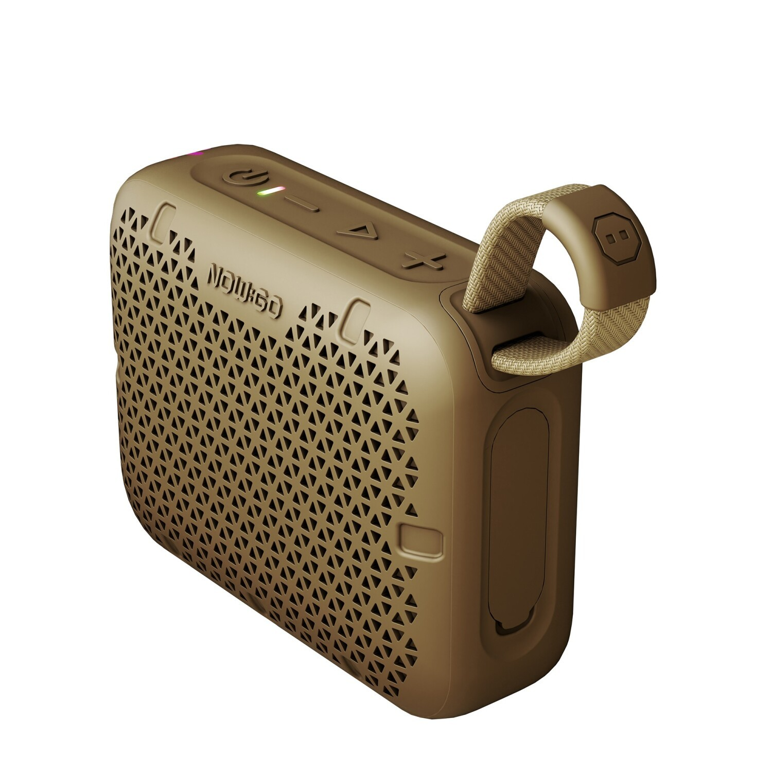 Brązowy przenośny głośnik bluetooth z trójkątnym wzorem siatki i tkanym paskiem donoszenia.