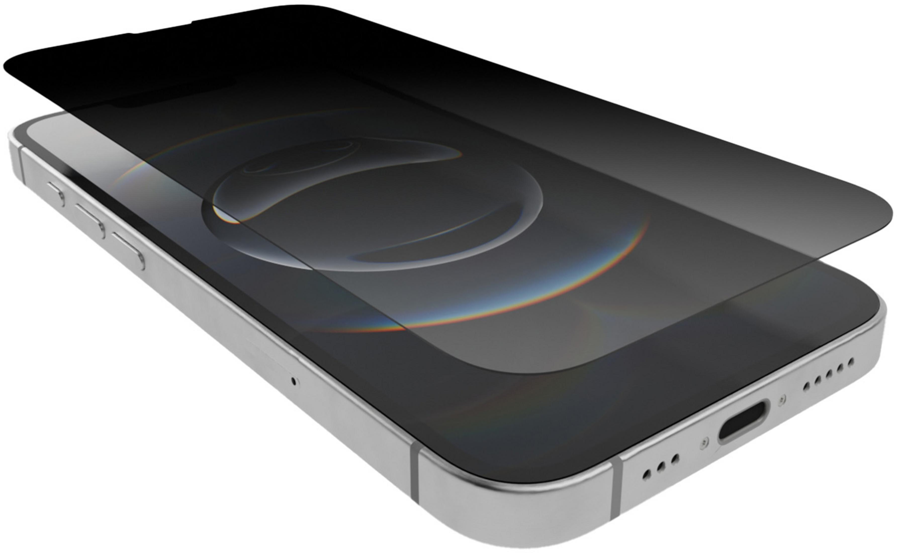 Uno smartphone con una pellicola protettiva per la privacy scura sospesa sopra lo schermo.