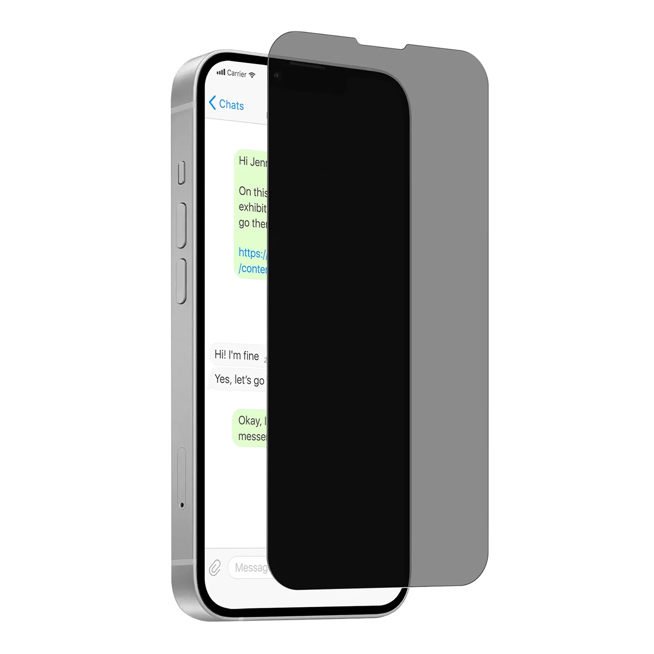 Uno smartphone con una pellicola privacy scura parzialmente rimossa, che mostra messaggi di chat.