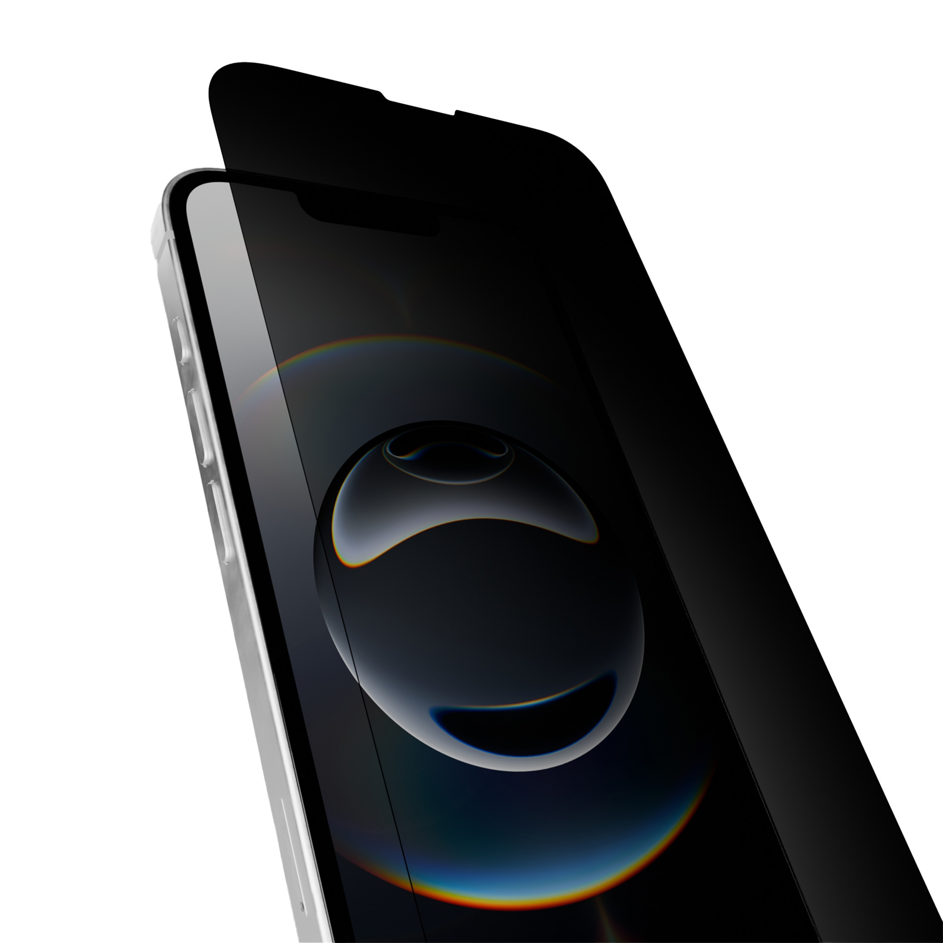 Uno smartphone con una pellicola protettiva per la privacy nera che viene parzialmente rimossa.