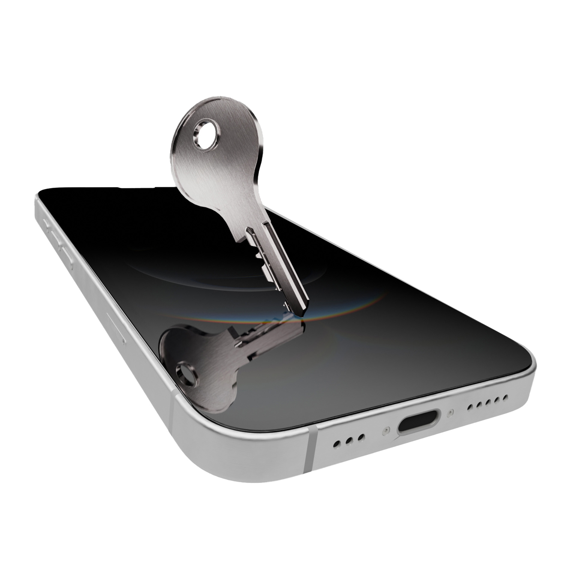Una chiave d'argento è in piedi sullo schermo di uno smartphone, il suo riflesso è visibile.