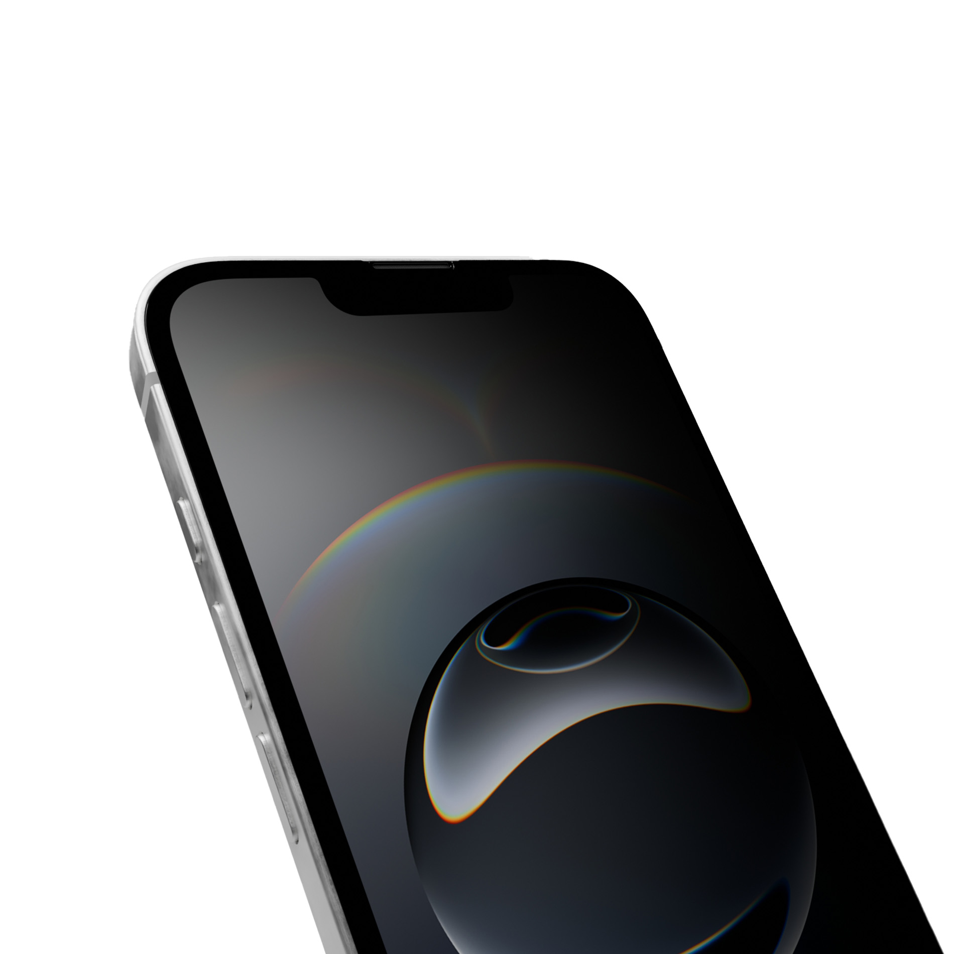 Primo piano di uno smartphone argento con schermo scuro che mostra riflessi di luce colorati.