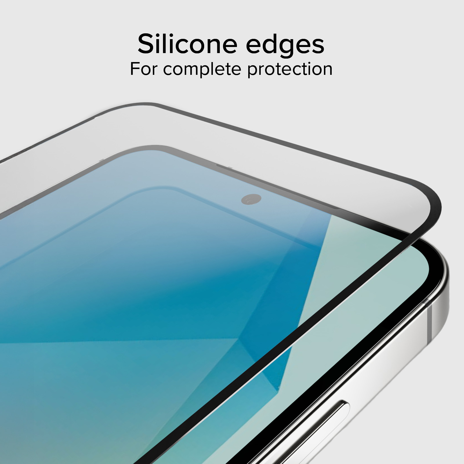 Protector de pantalla de vidrio con bordes de silicona en un teléfono, con texto arriba.