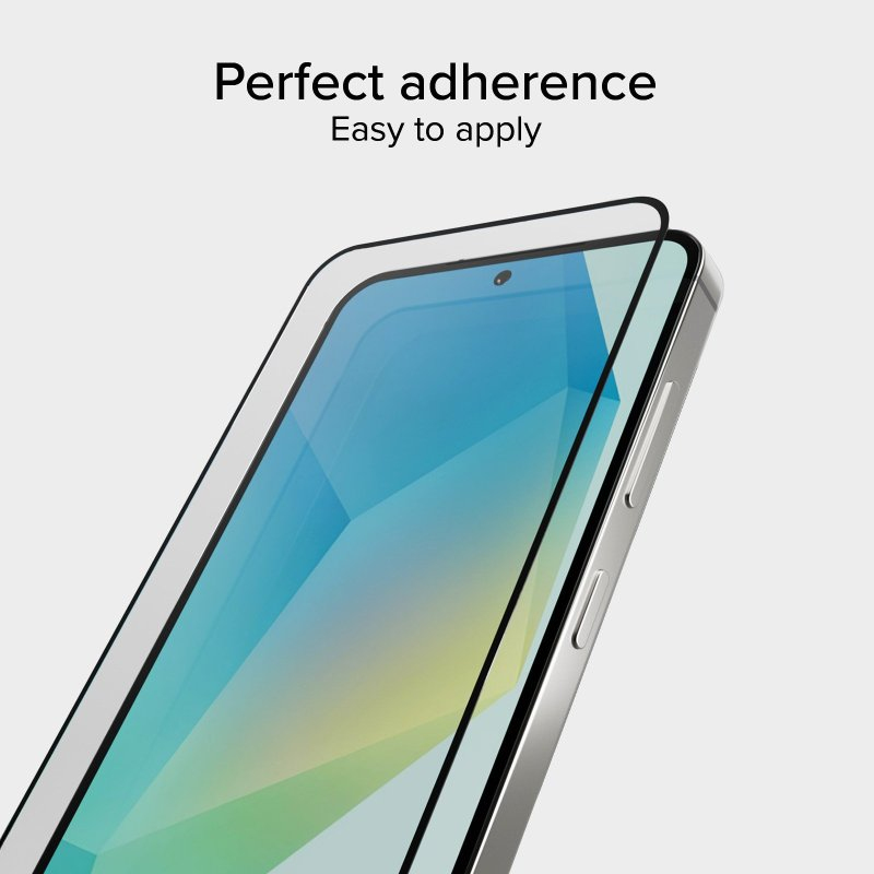 Un smartphone con un protector de pantalla que se despega ligeramente arriba. Texto: Perfect adherence, Easy to apply.