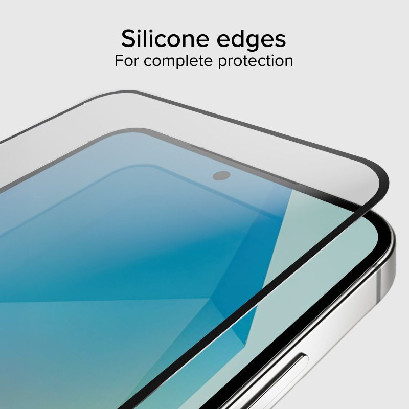 Protector de pantalla de vidrio templado con bordes de silicona negra en un teléfono inteligente.