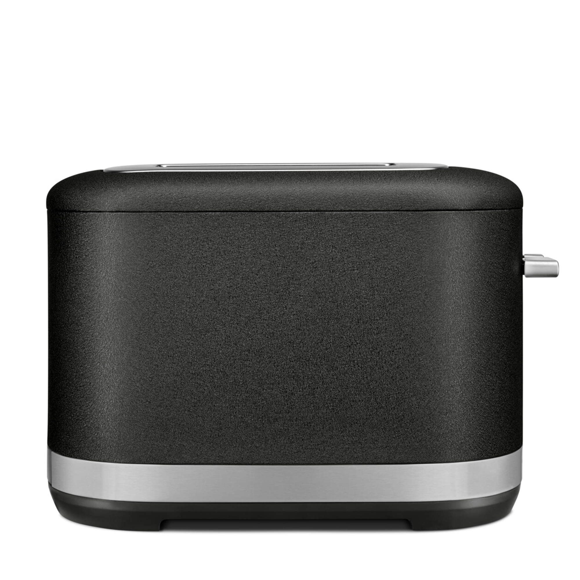 Ein moderner schwarzer Toaster mit Edelstahldetails und einem seitlichen Hebel auf weißem Hintergrund.