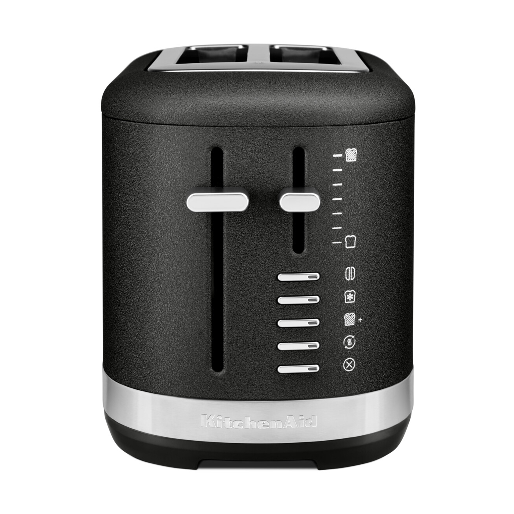 Ein schwarzer KitchenAid-Toaster mit zwei Schlitzen, silbernen Bedienelementen und Symbolen auf weißem Hintergrund.