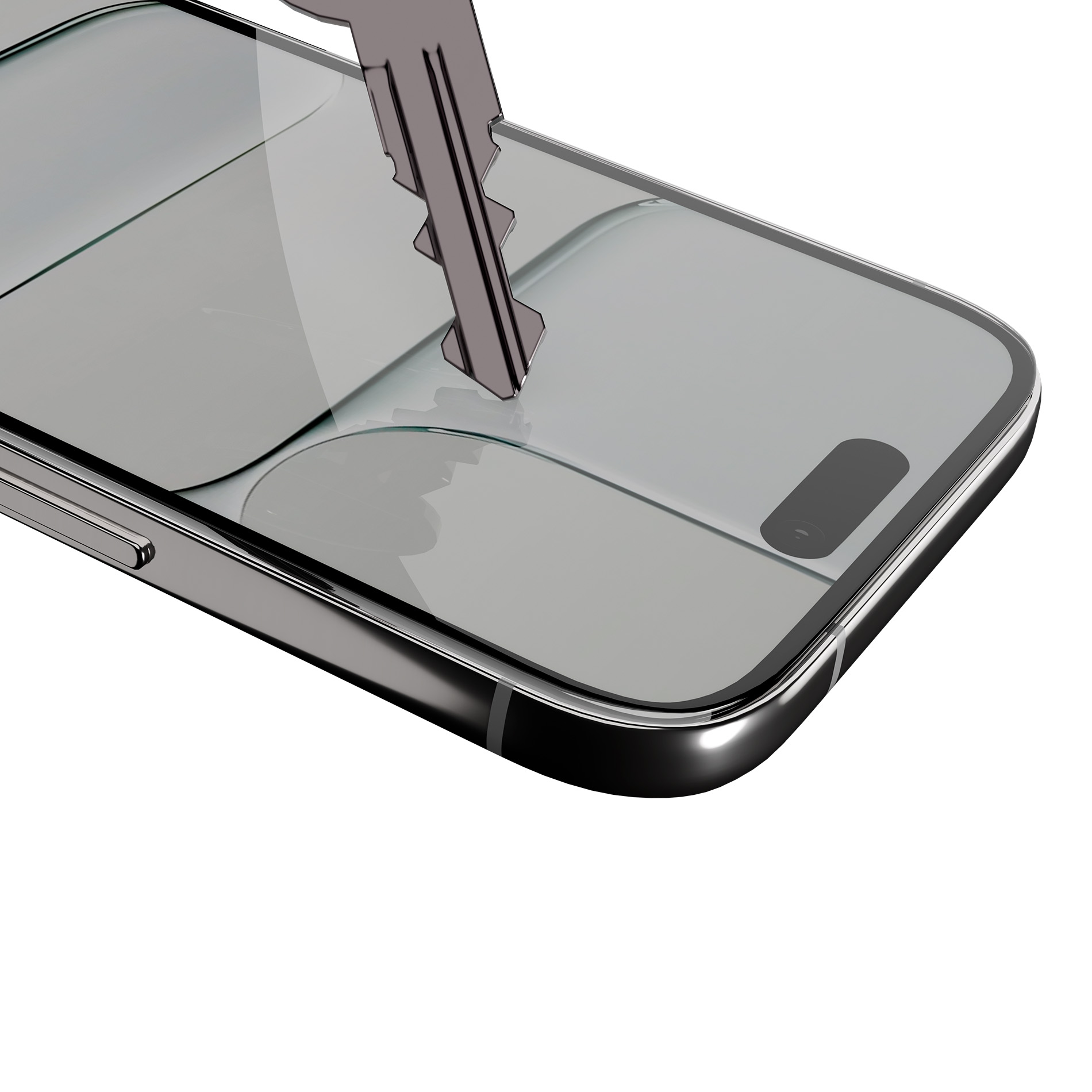 Una chiave argentata tocca lo schermo di vetro di uno smartphone.