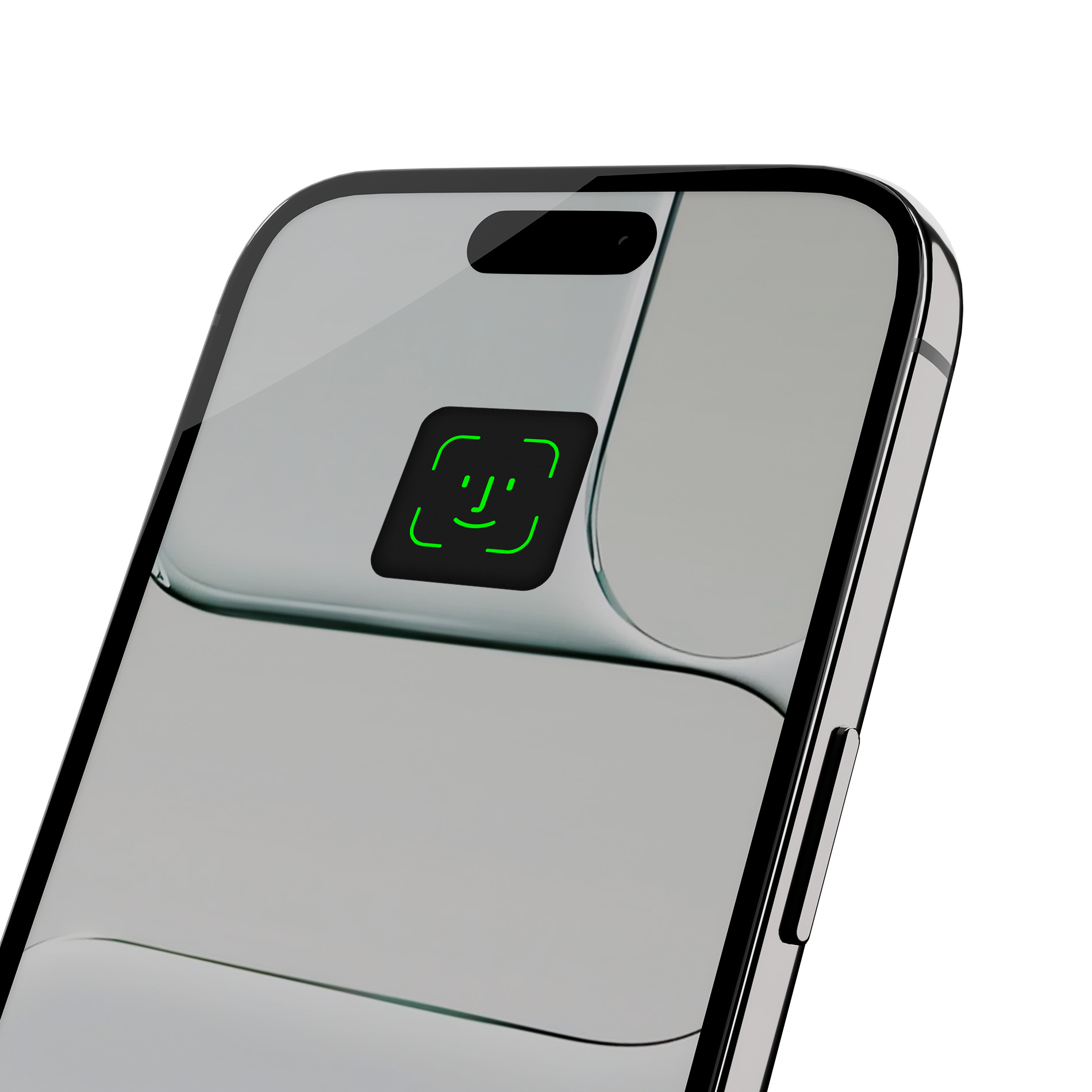 Uno smartphone mostra una grafica verde di riconoscimento facciale.