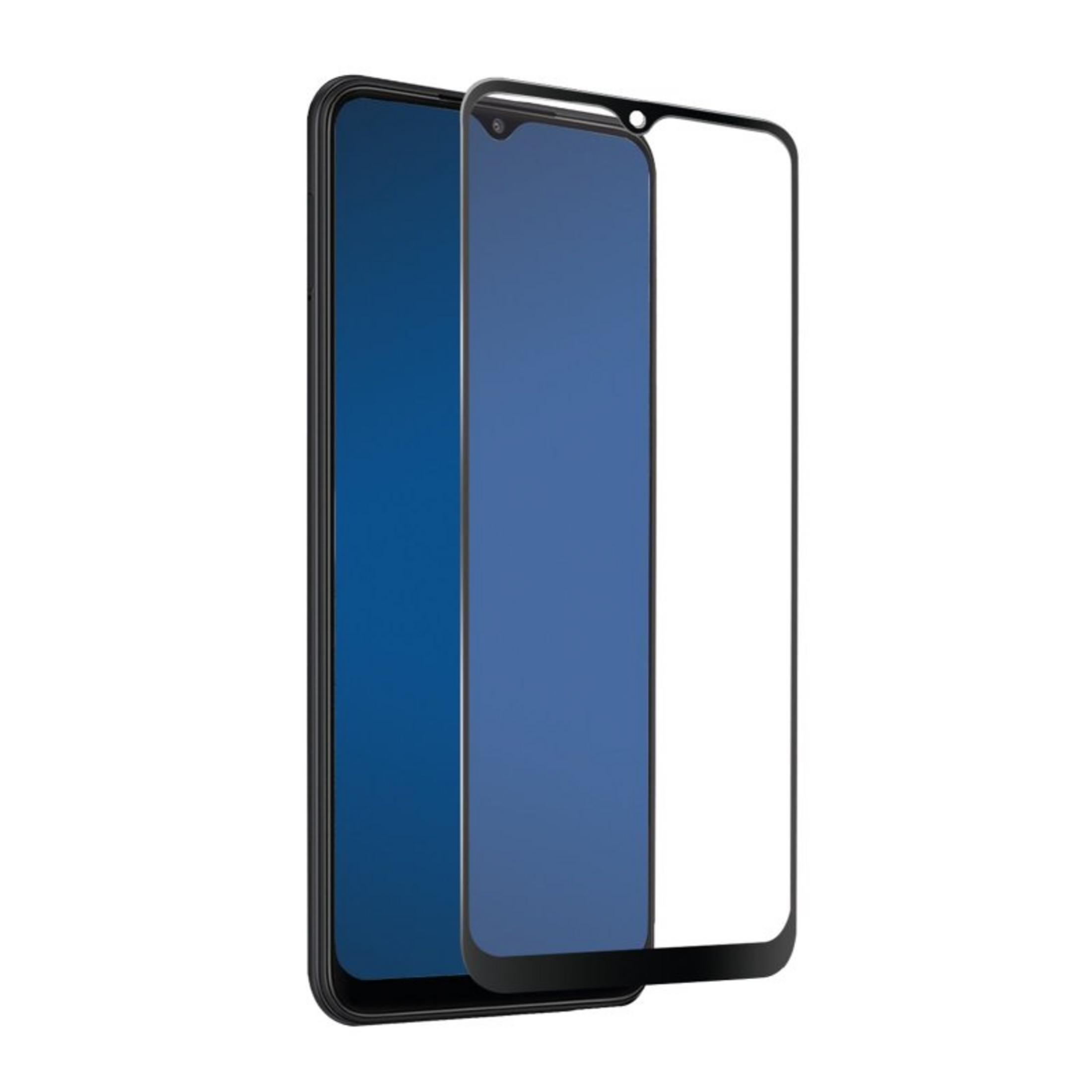 Un smartphone negro con un protector de pantalla de vidrio templado a juego desprendido, sobre fondo blanco.