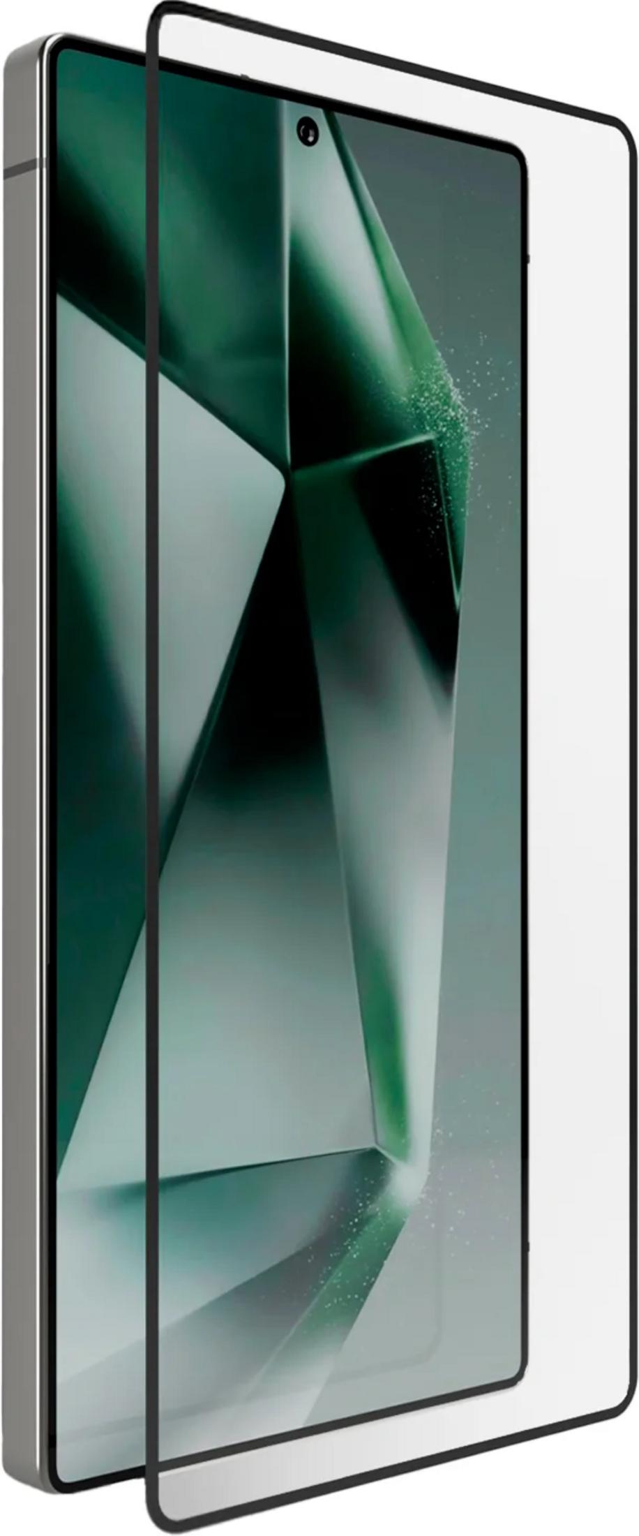 Uno smartphone con una pellicola protettiva nera che fluttua leggermente davanti allo schermo.