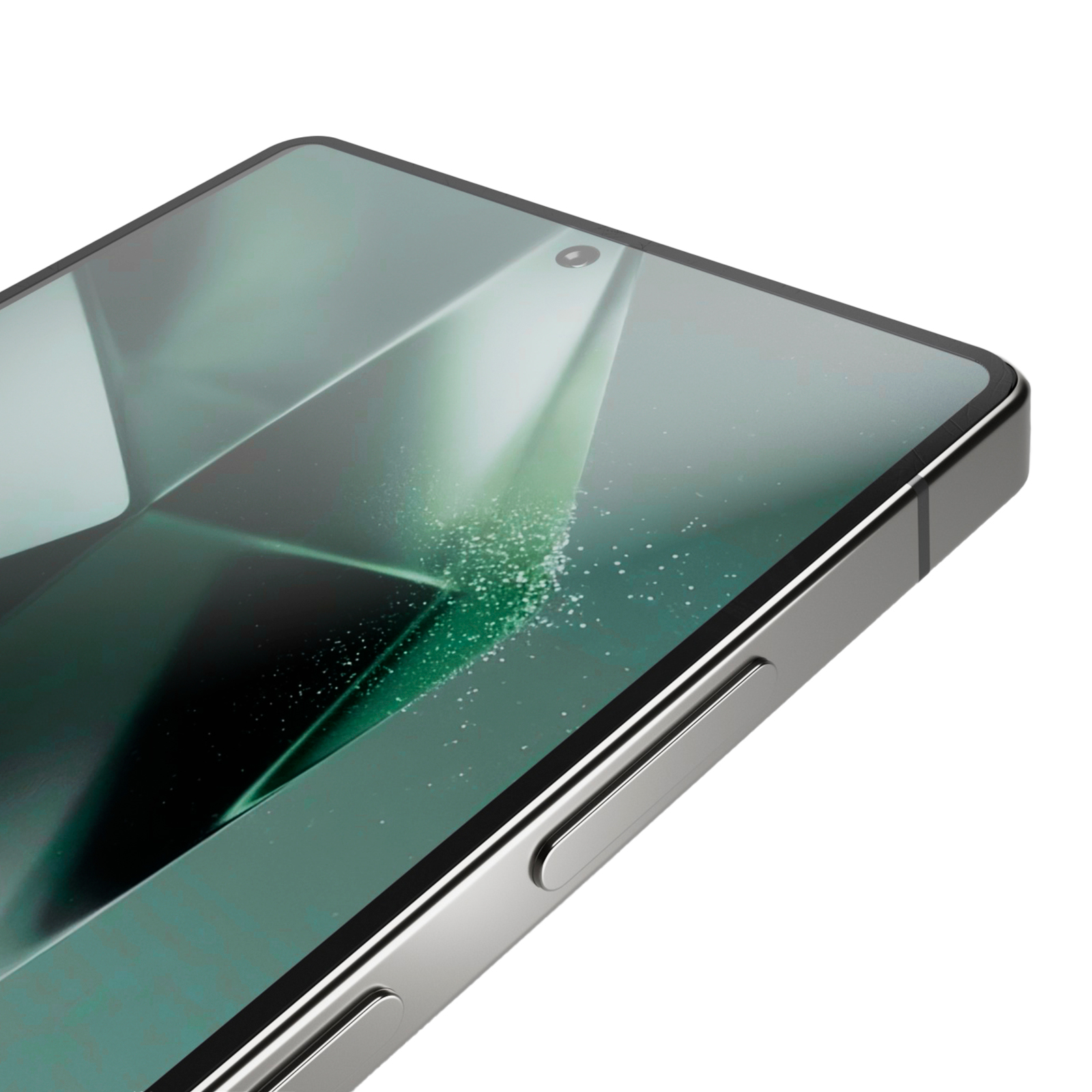 Primo piano dellangolo di uno smartphone con tasti laterali e grafica verde astratta sullo schermo.