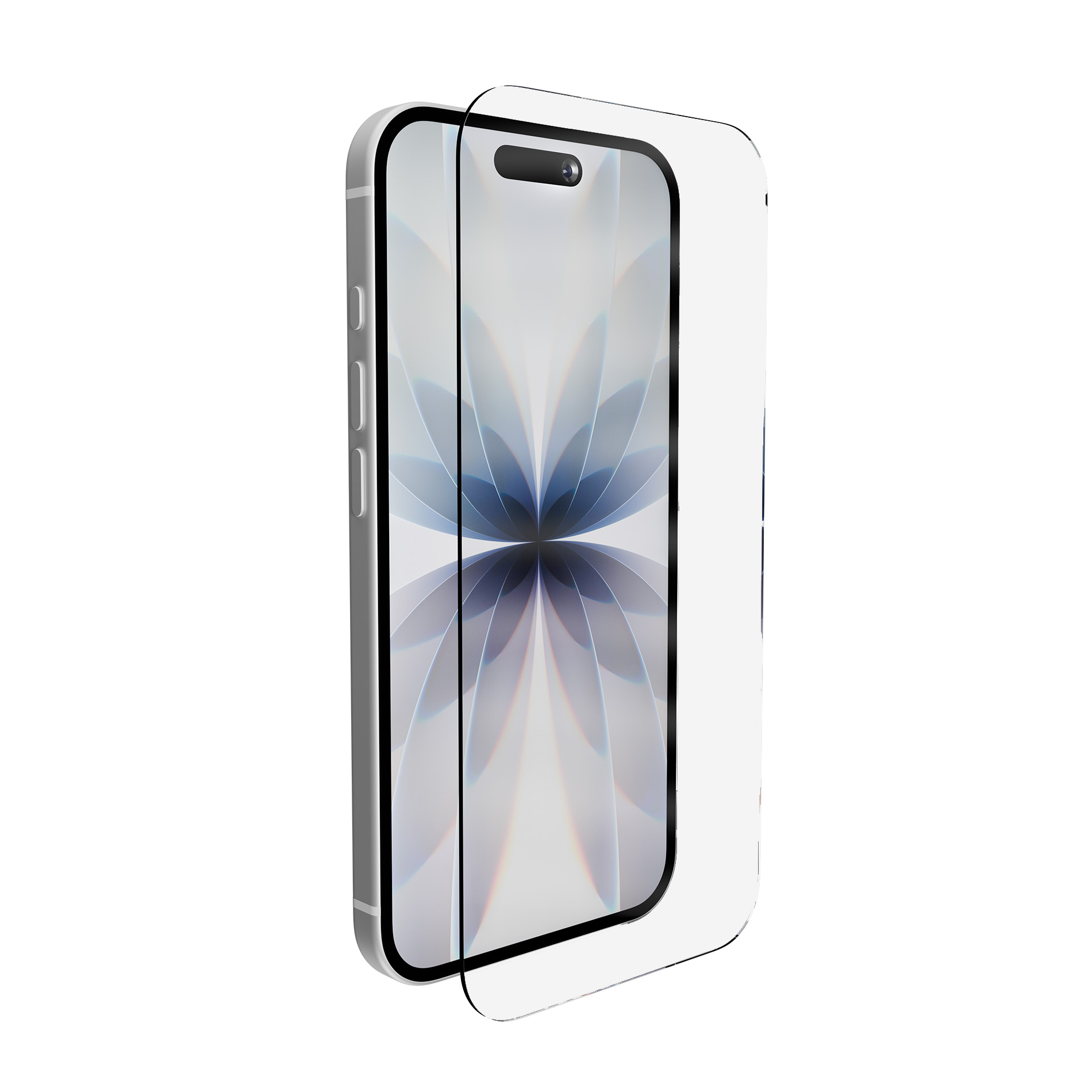 Uno smartphone con una pellicola protettiva trasparente che fluttua sopra.