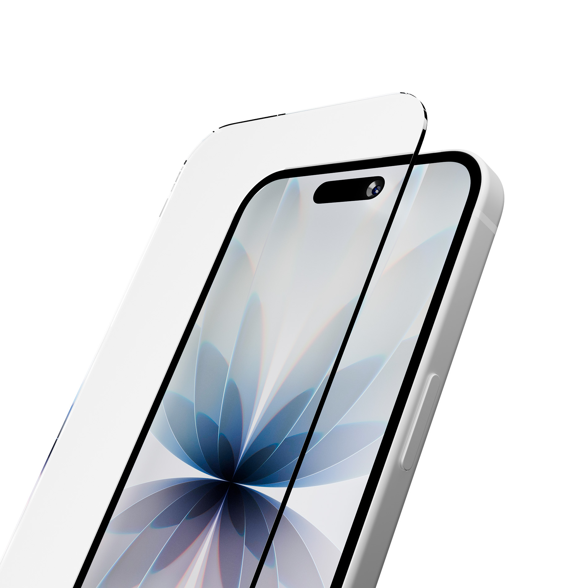 Una pellicola protettiva applicata su uno smartphone con uno sfondo floreale blu astratto.
