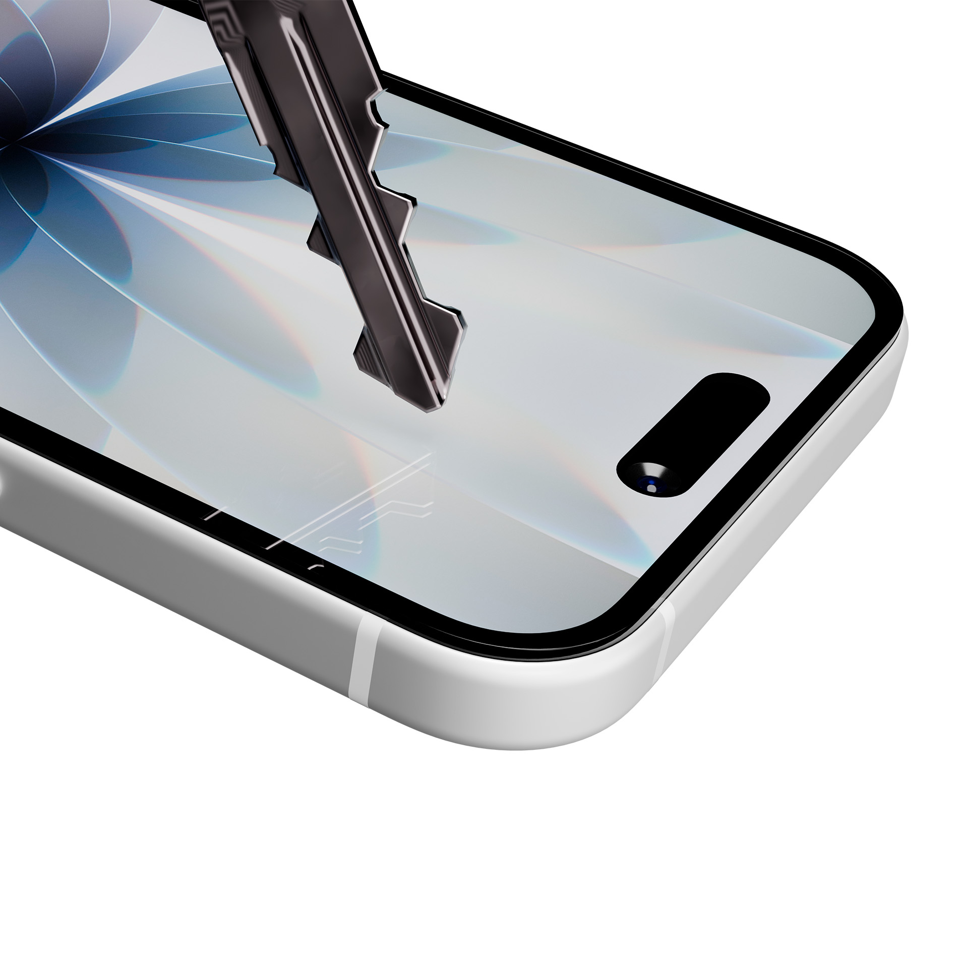 Una chiave di metallo graffia lo schermo in vetro di uno smartphone.