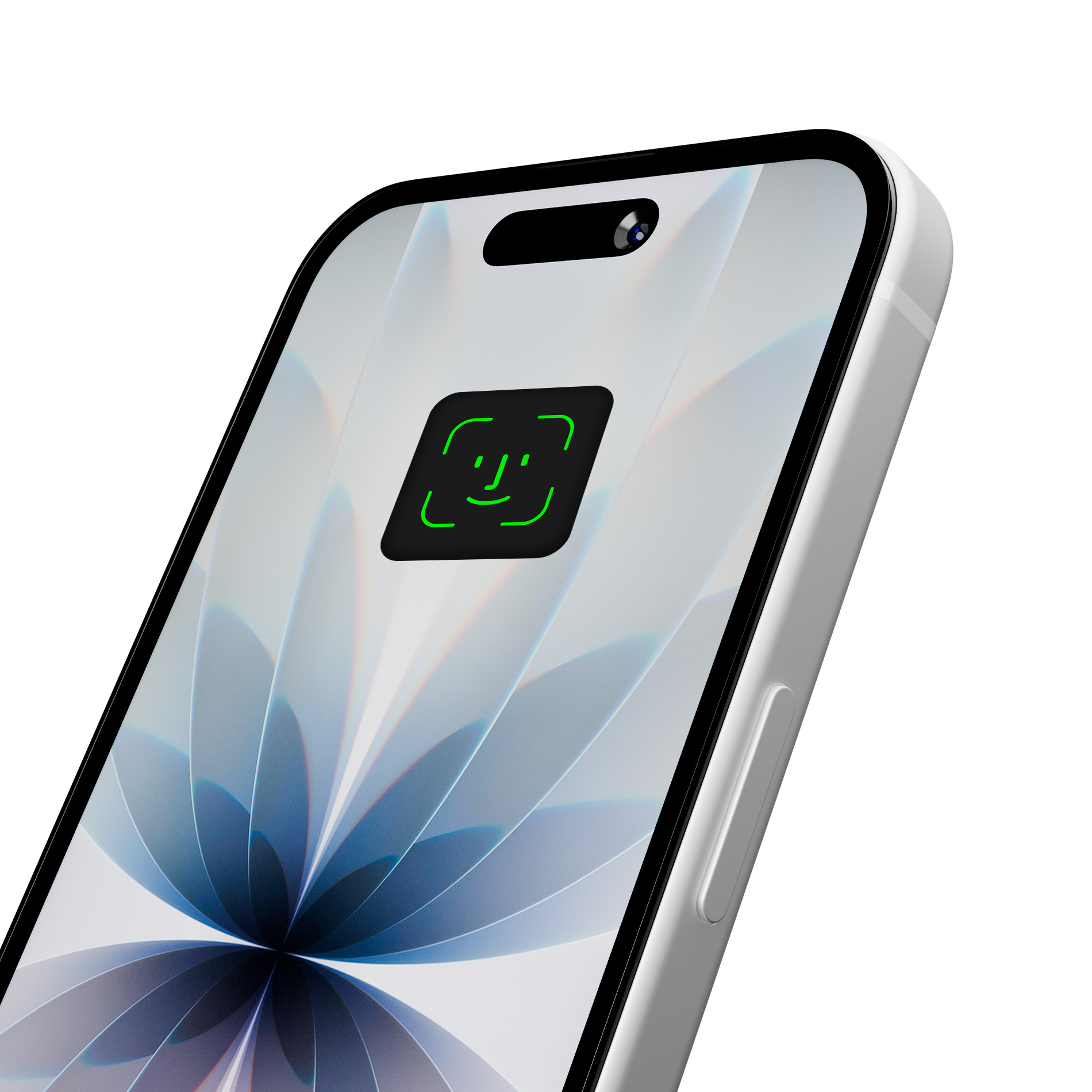 Primo piano dello schermo di uno smartphone con icona di riconoscimento facciale verde su sfondo floreale.
