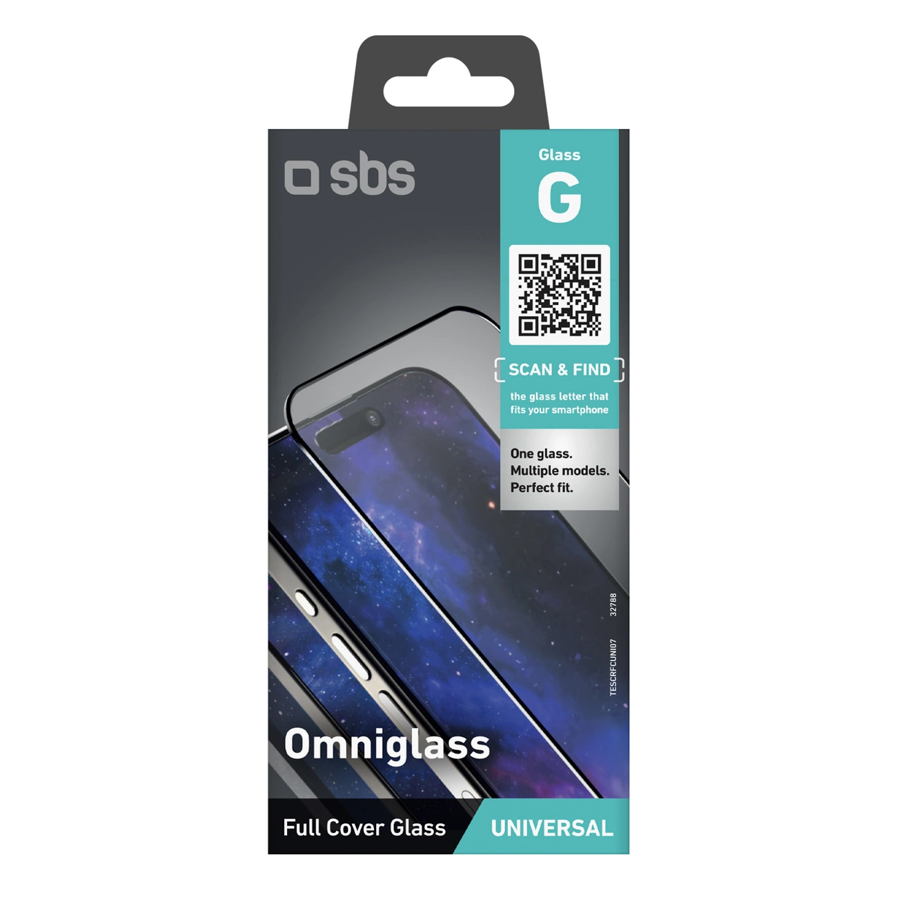 Confezione di SBS Omniglass Universal Full Cover Glass con smartphone e codice QR.