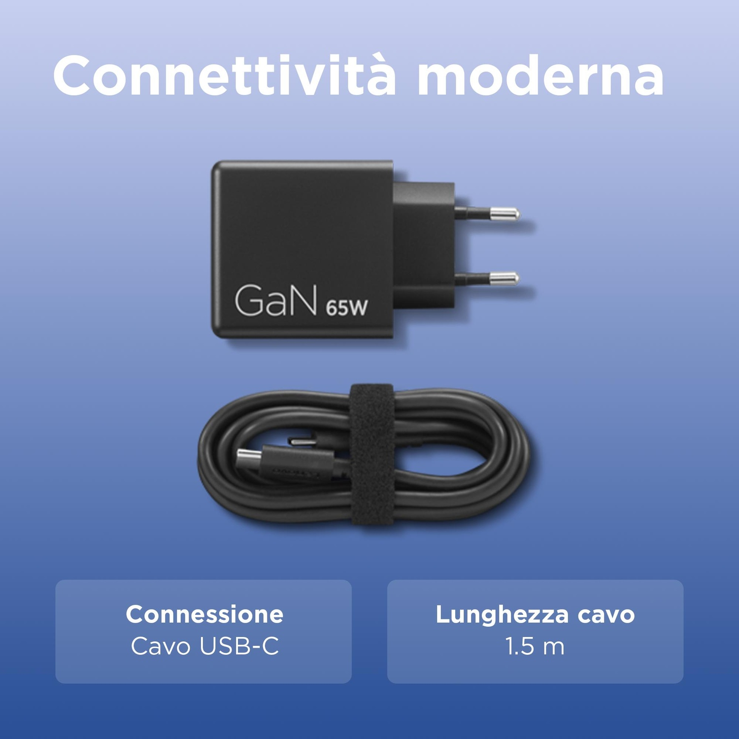 Un chargeur mural GaN noir de 65W avec un câble USB-C enroulé de 1.5m sur fond bleu.