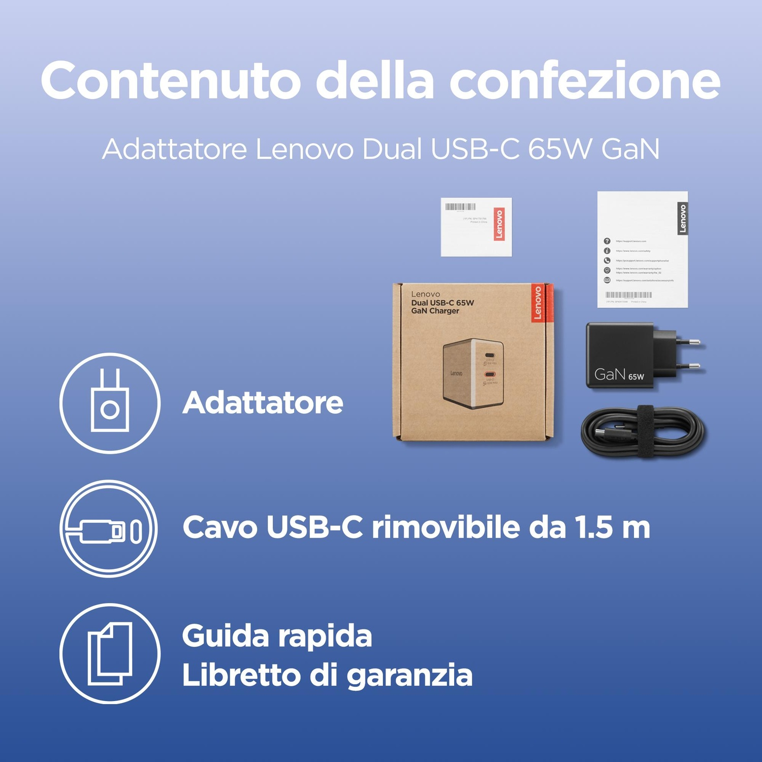 Contenu de la boîte de l'adaptateur Lenovo Dual USB-C 65W GaN : chargeur, câble et manuels.