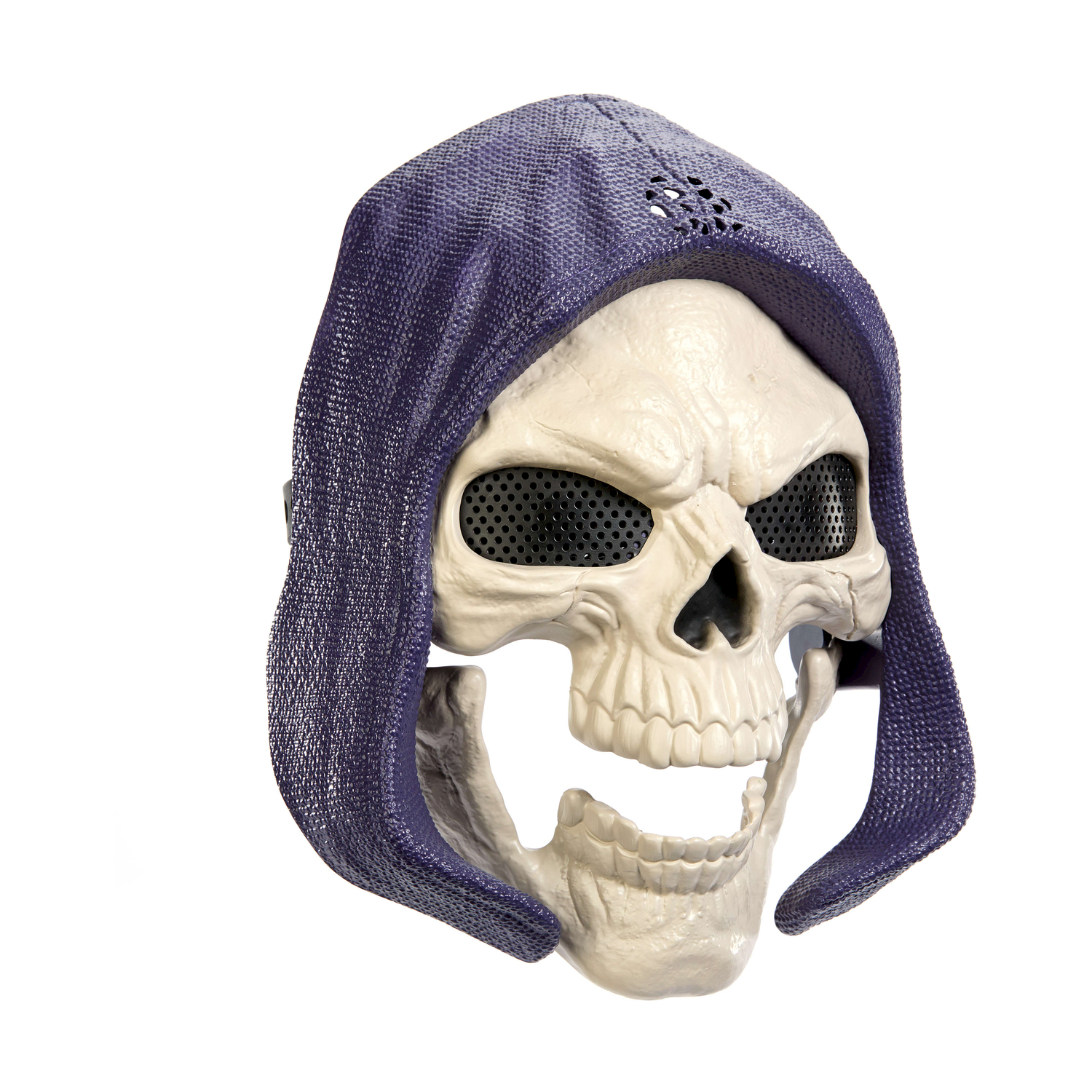 Una máscara de calavera espeluznante con una capucha morada y malla negra en los ojos sobre fondo blanco.