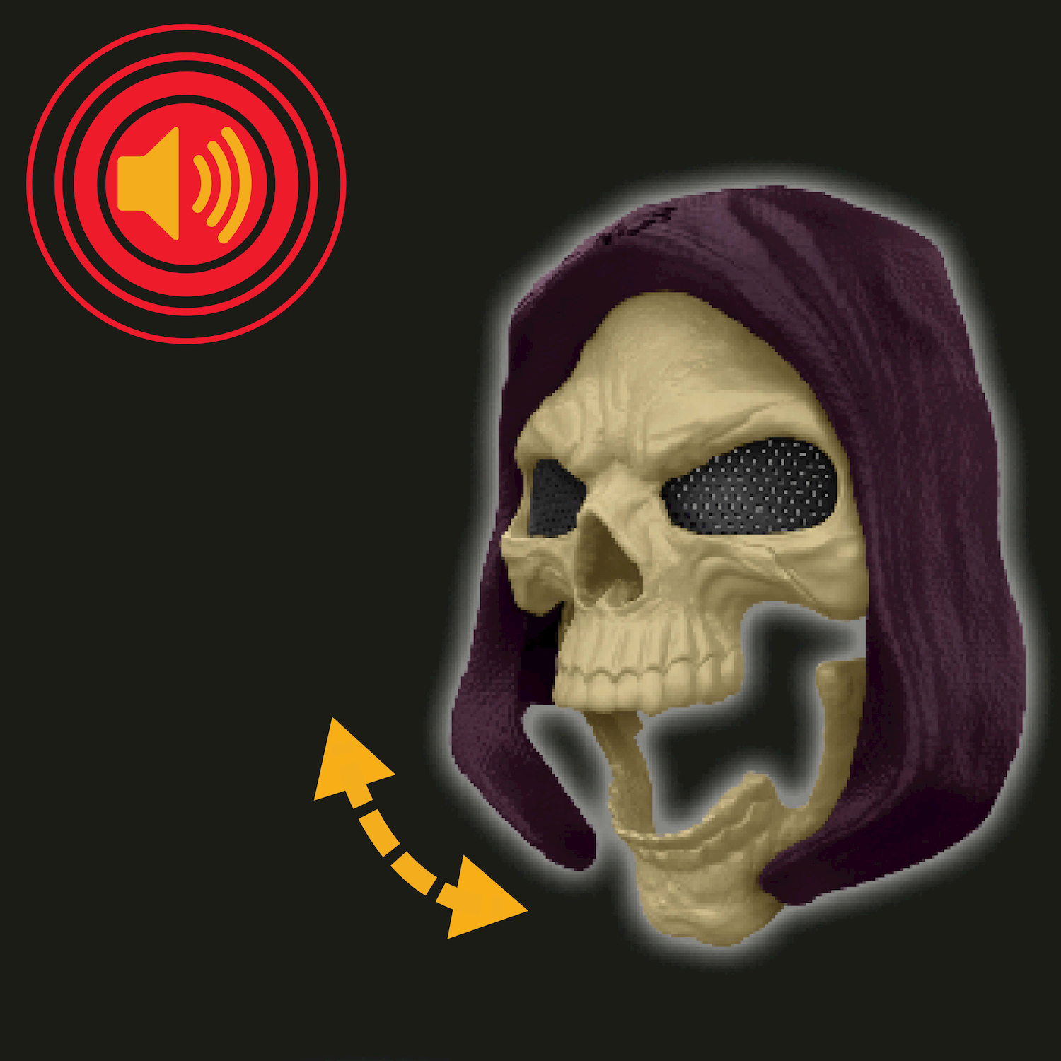 Una calavera con capucha y un icono de sonido con ondas amarillas sobre fondo negro.