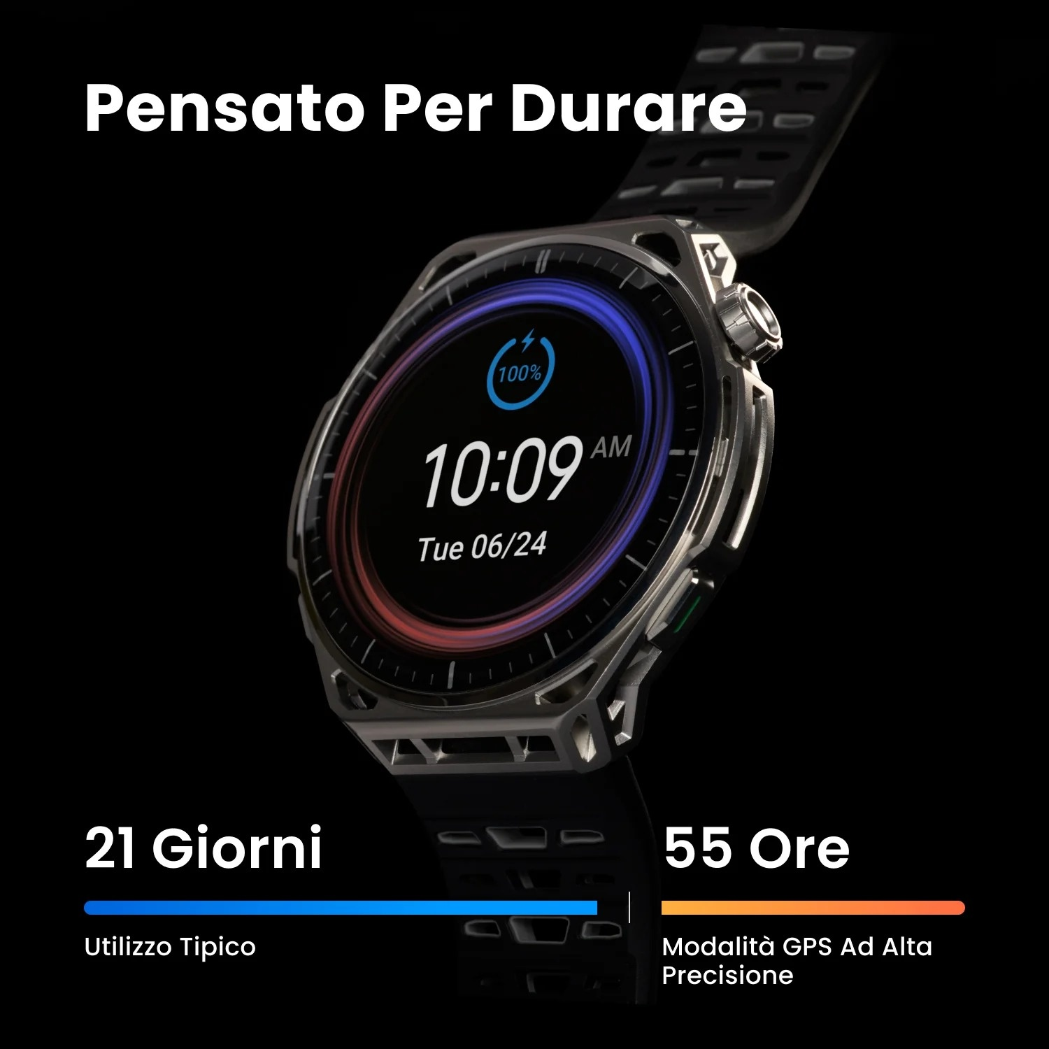 Eine robuste Smartwatch zeigt 10:09 Uhr vor schwarzem Hintergrund mit italienischem Text zur Batterielaufzeit.