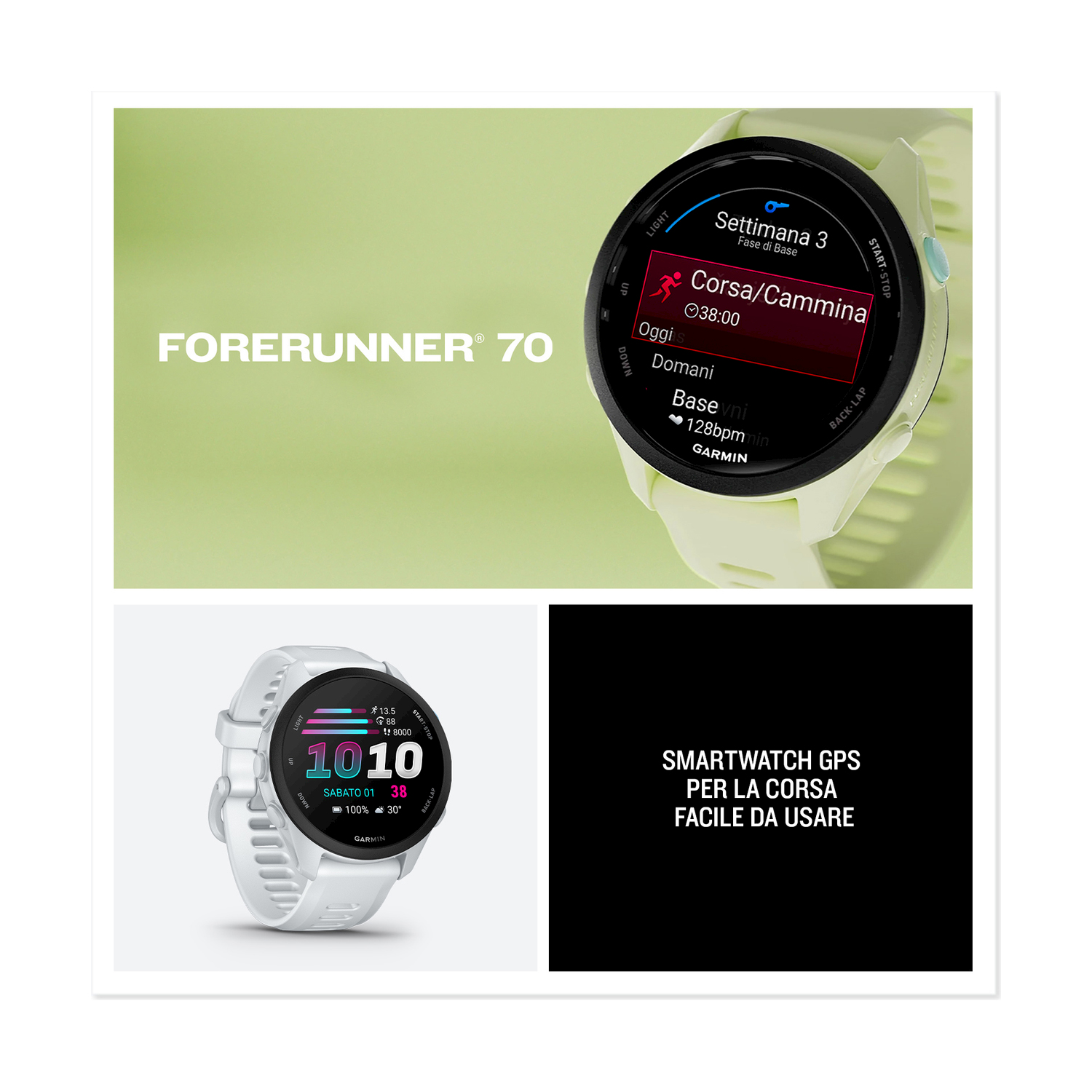 Eine hellgrüne Garmin Forerunner 70 Smartwatch mit Trainingsdaten auf dem Bildschirm vor grünem Hintergrund.
