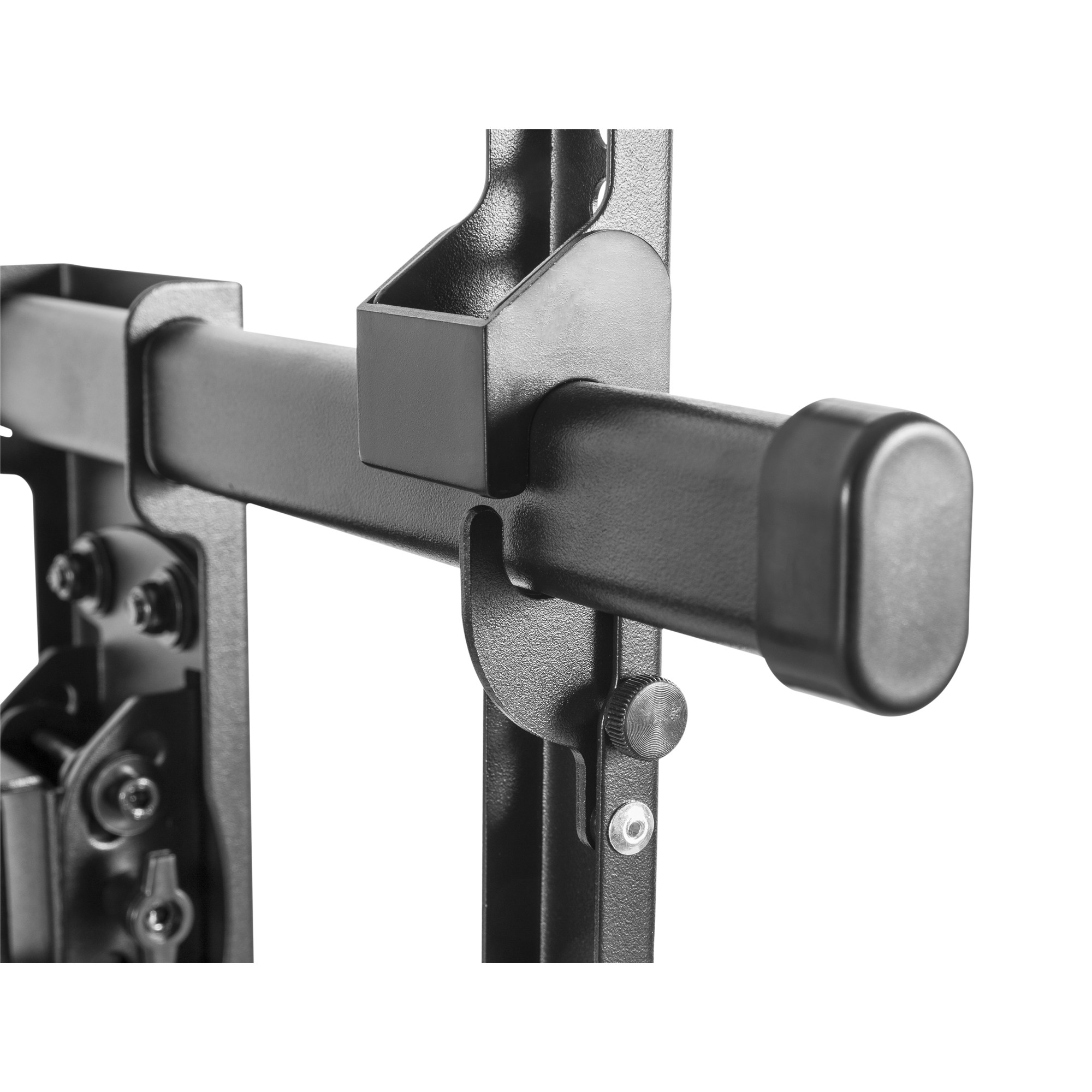 Nahaufnahme eines schwarzen Metall-Fitnessgeräterahmens mit Gelenken, Schrauben und einem Einstellknopf.