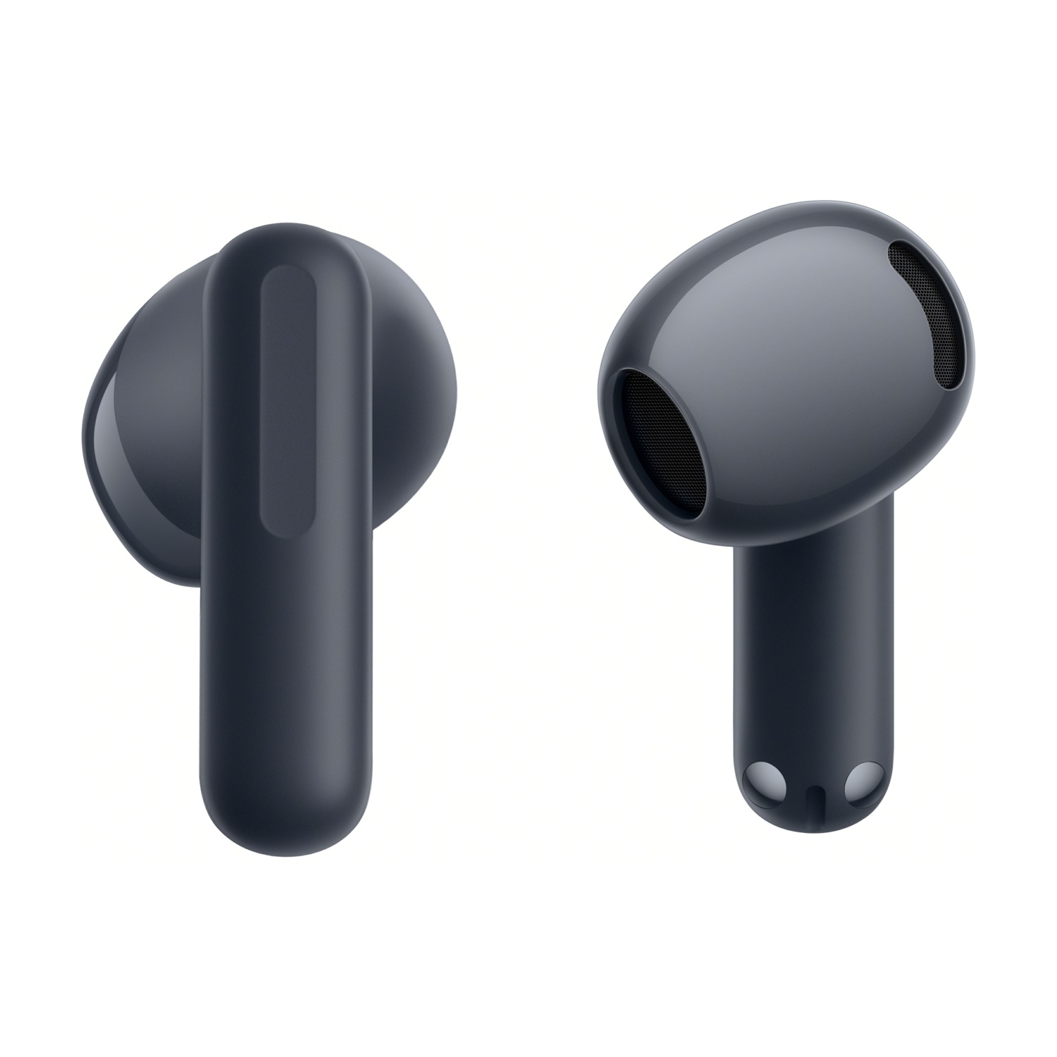 Dos auriculares inalámbricos negros sobre fondo blanco, uno visto desde atrás y otro en ángulo de tres cuartos.