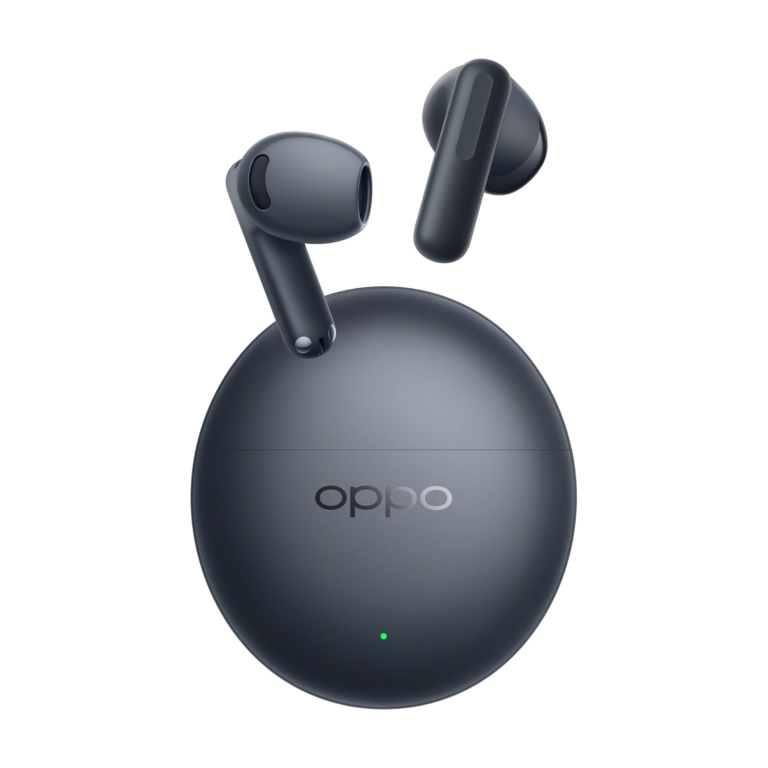 Auriculares inalámbricos Oppo gris oscuro con un estuche de carga redondo sobre fondo blanco.