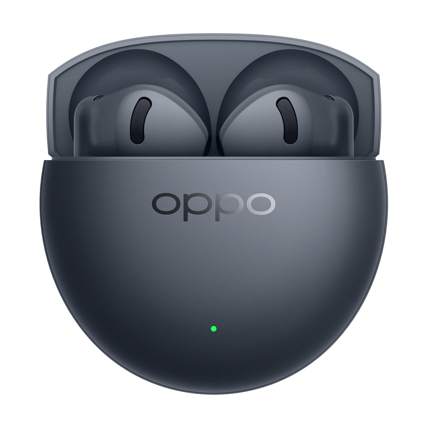 Estuche de carga Oppo gris oscuro con auriculares inalámbricos y luz LED verde.