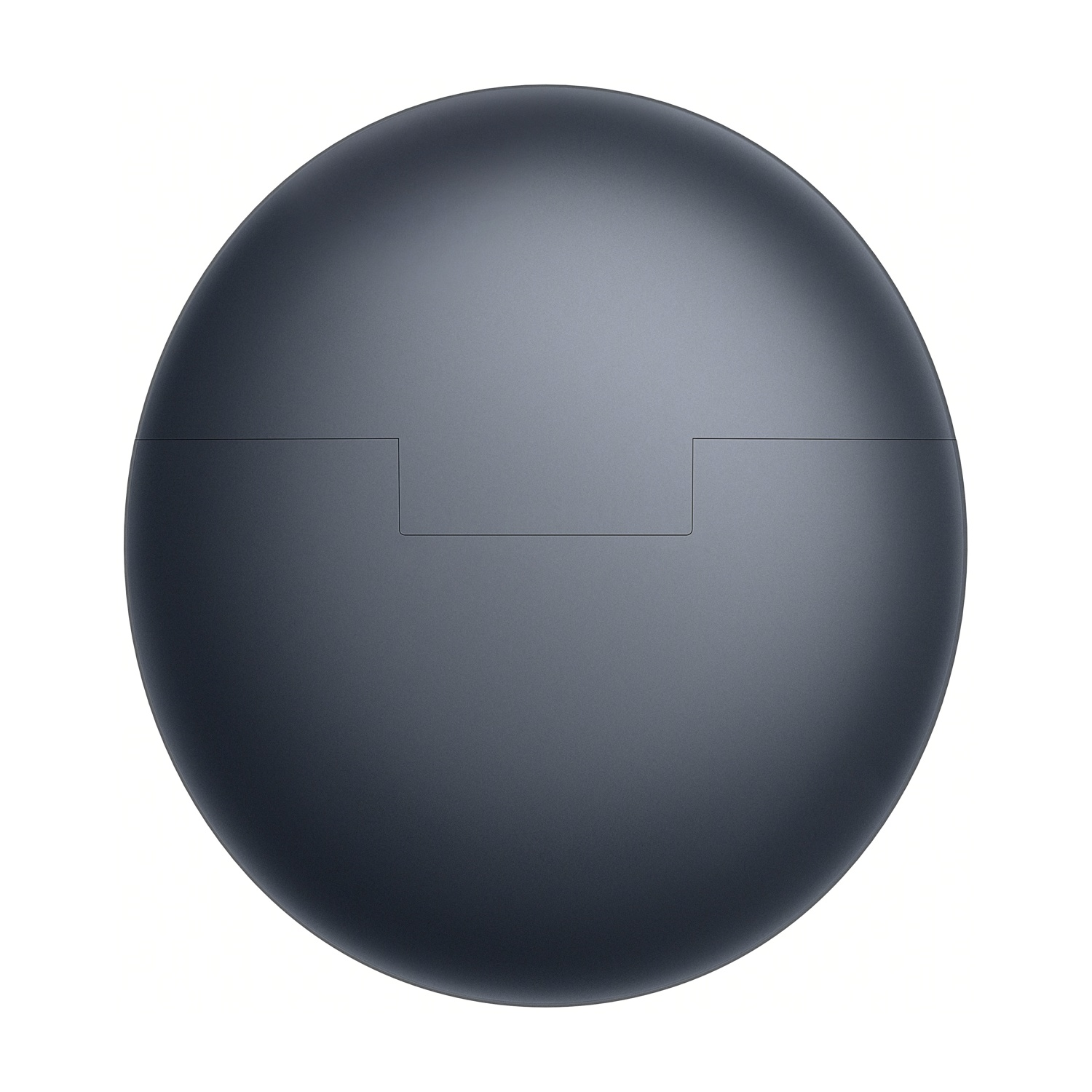 Un estuche de carga de auriculares redondo de color gris oscuro sobre un fondo blanco.