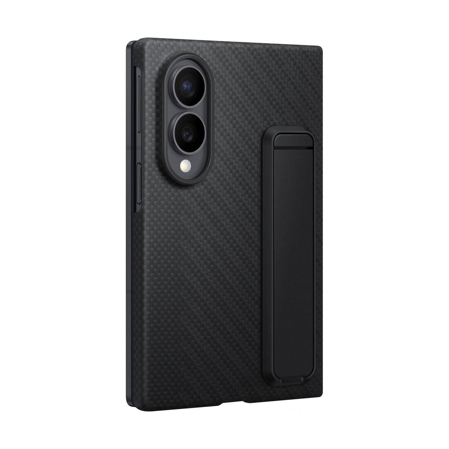 Schwarze Kohlefaser-Smartphone-Hülle mit vertikalem Kamera-Modul und integriertem Ständer.