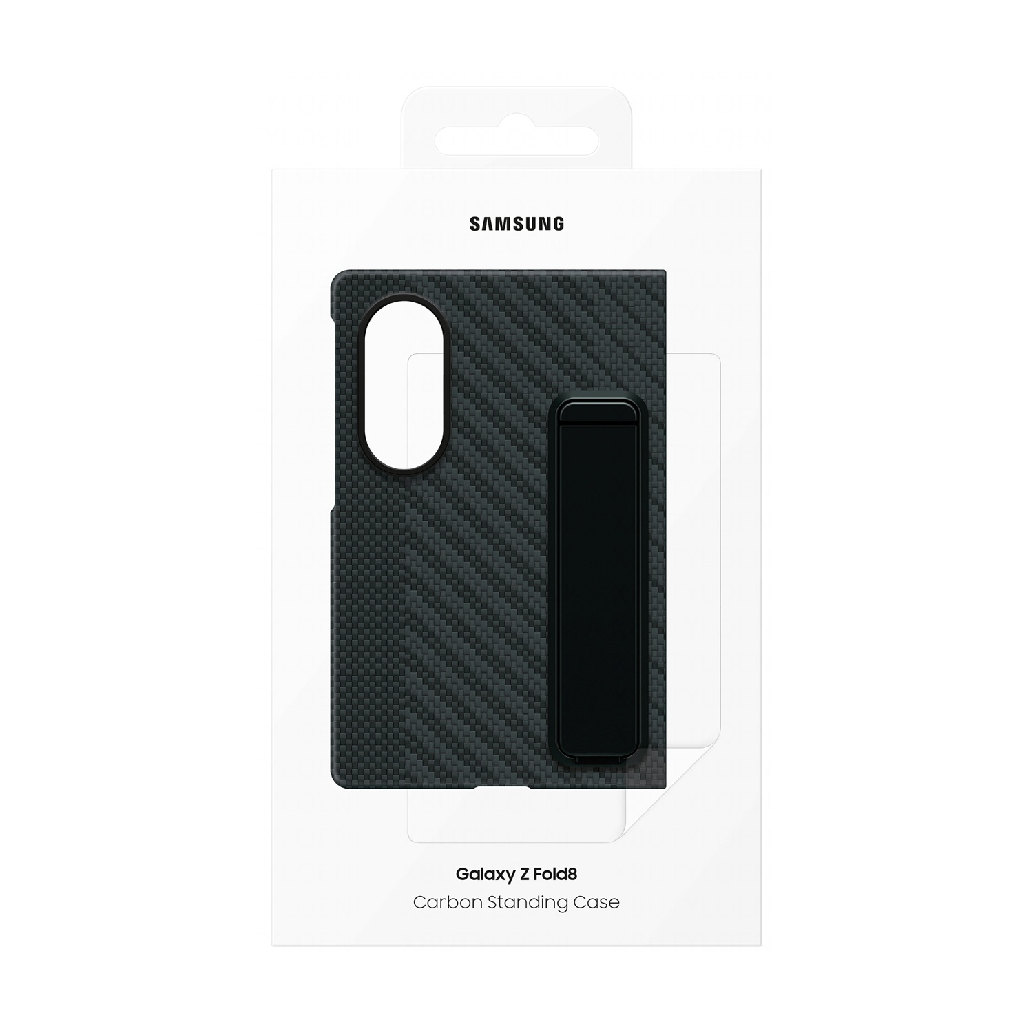 Samsung Galaxy Z Fold8 Carbon Standing Case in weißer Verpackung, mit Ständer auf der Rückseite.
