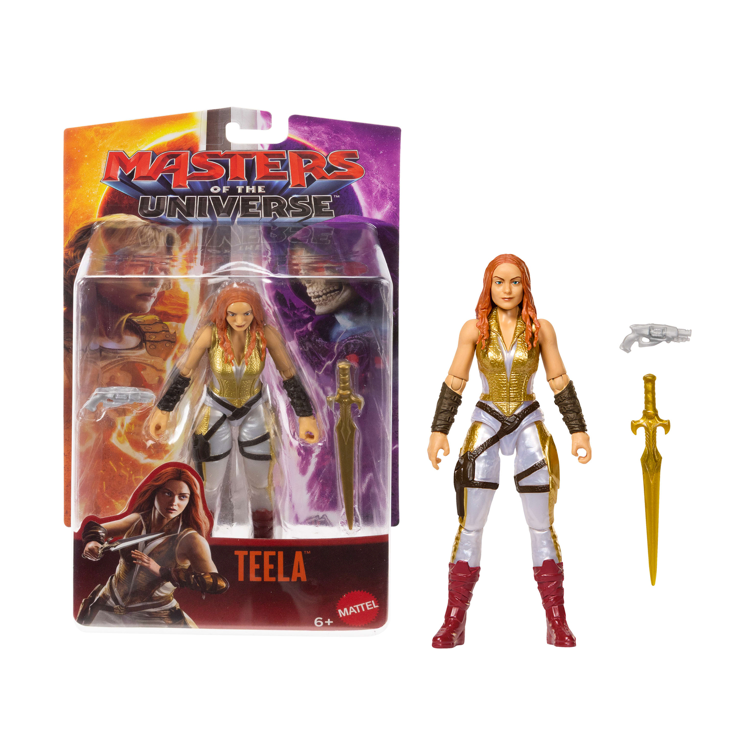 Figura de acción de Teela de Masters of the Universe con accesorios dentro y fuera de su embalaje.
