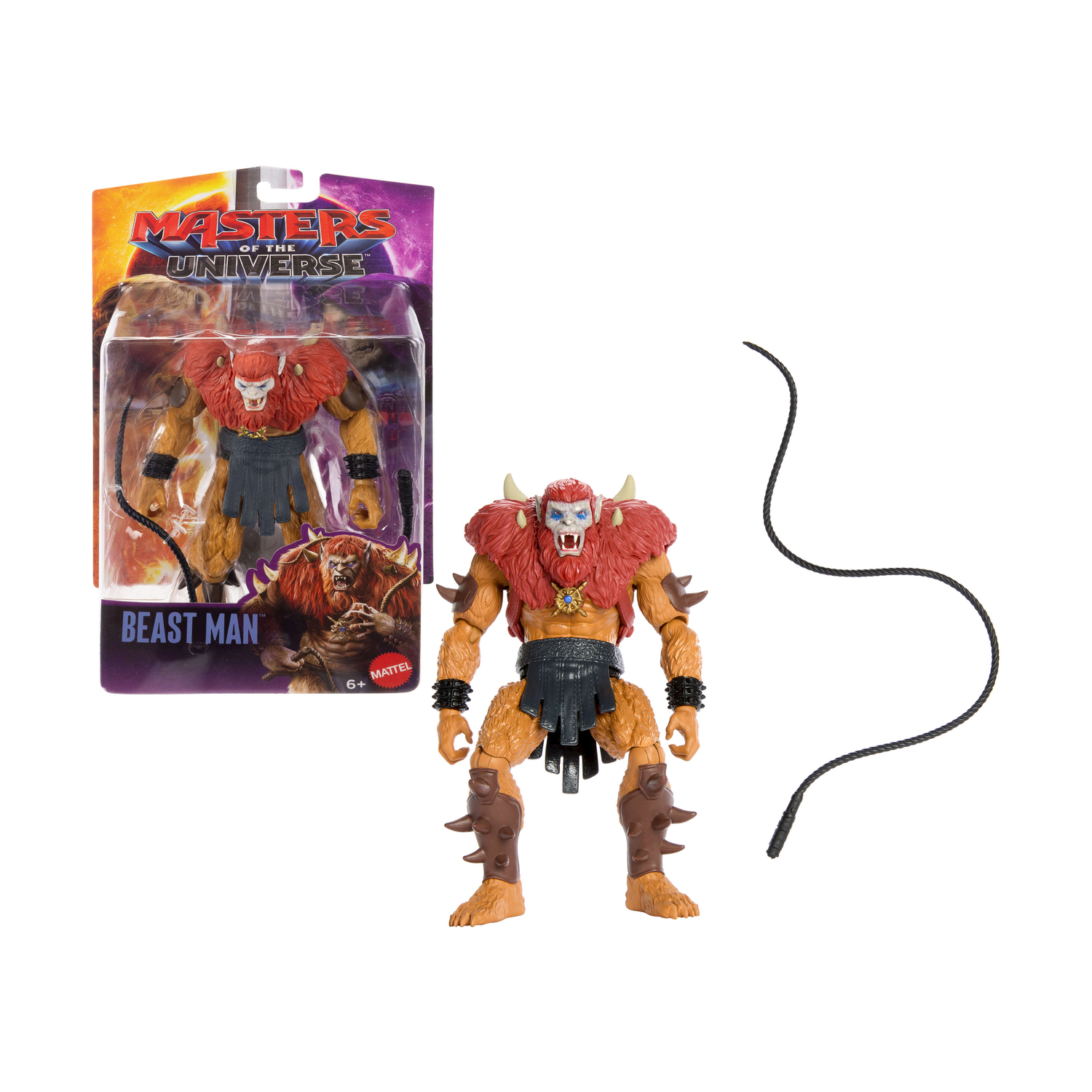 Figura de acción Beast Man de Masters of the Universe con látigo, fuera y dentro del empaque.