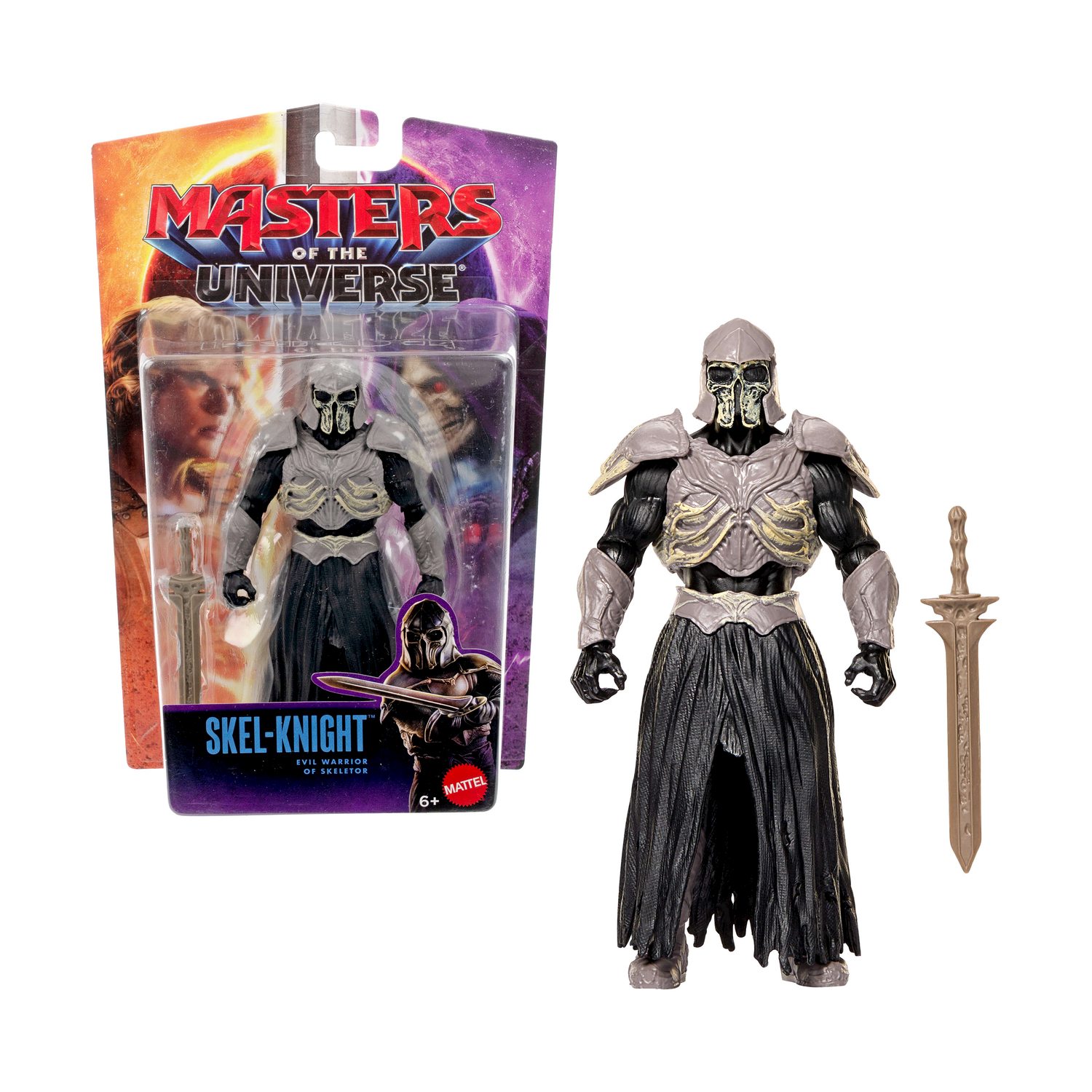 Figura de acción Skel-Knight con armadura, espada y su empaque de Masters of the Universe.
