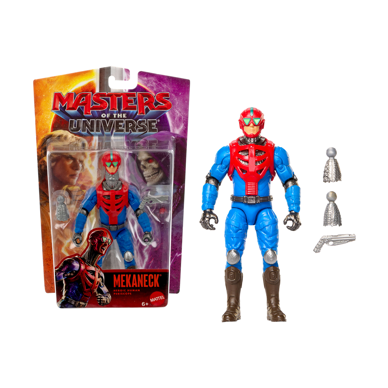 Figura de acción de Mekaneck de Masters of the Universe con su empaque y accesorios sobre fondo blanco.