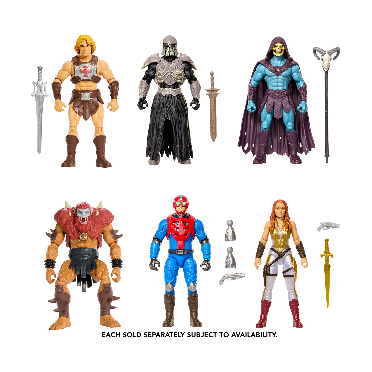 Seis figuras de acción de Masters of the Universe con armas.