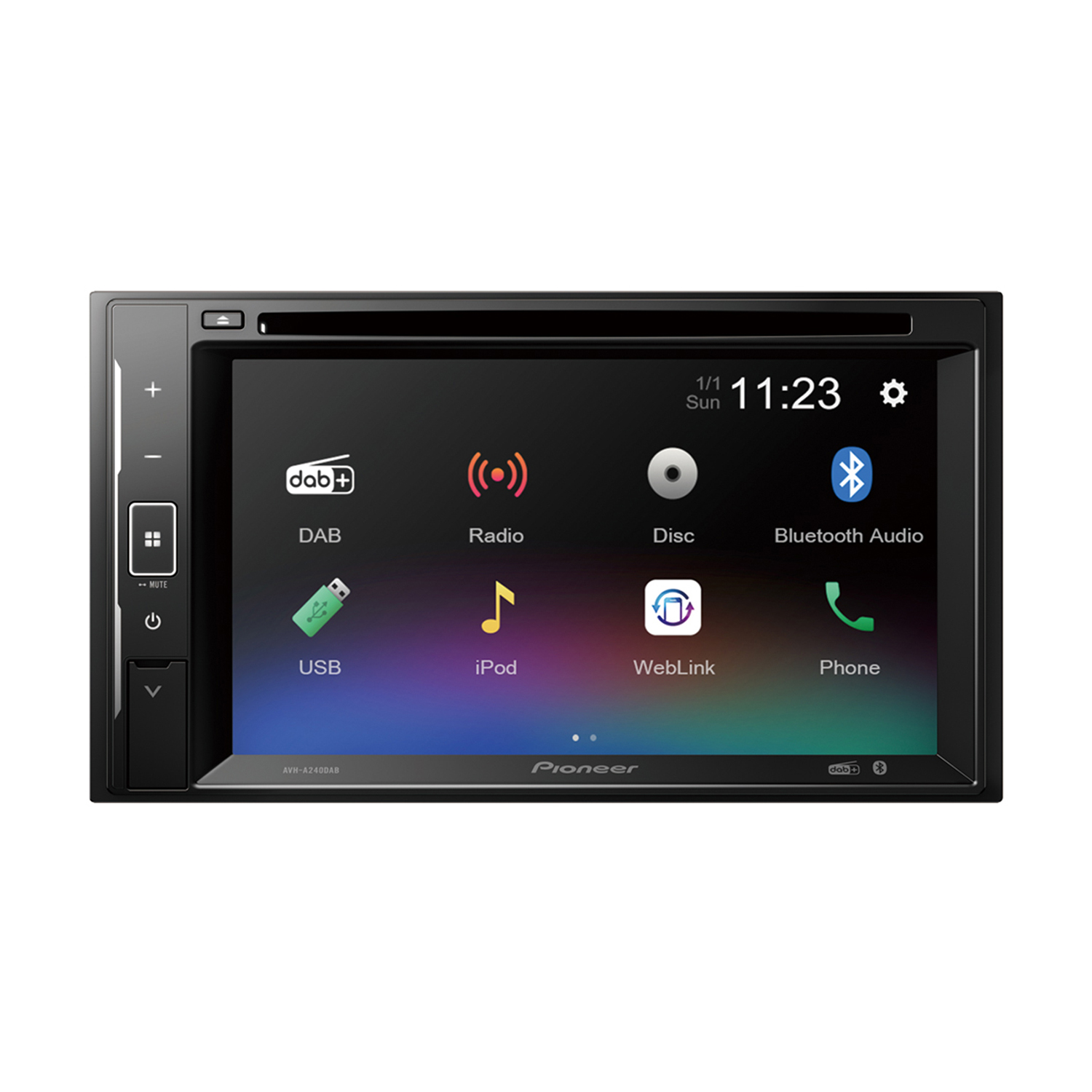 Ein Pioneer Autoradio mit einem Touchscreen, der verschiedene Audioquellen-Symbole auf buntem Hintergrund zeigt.