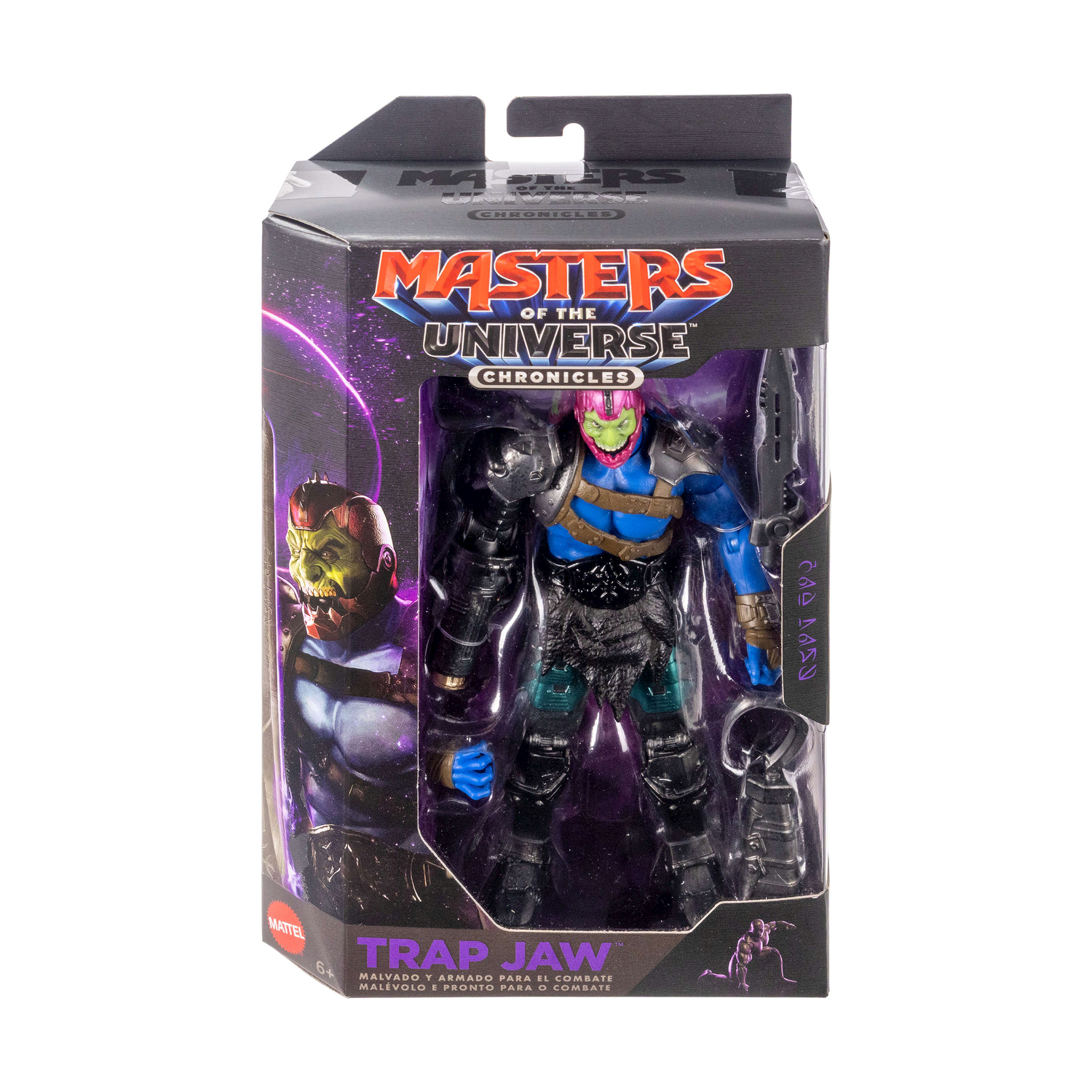 Figura de acción Trap Jaw de Masters of the Universe Chronicles en caja.
