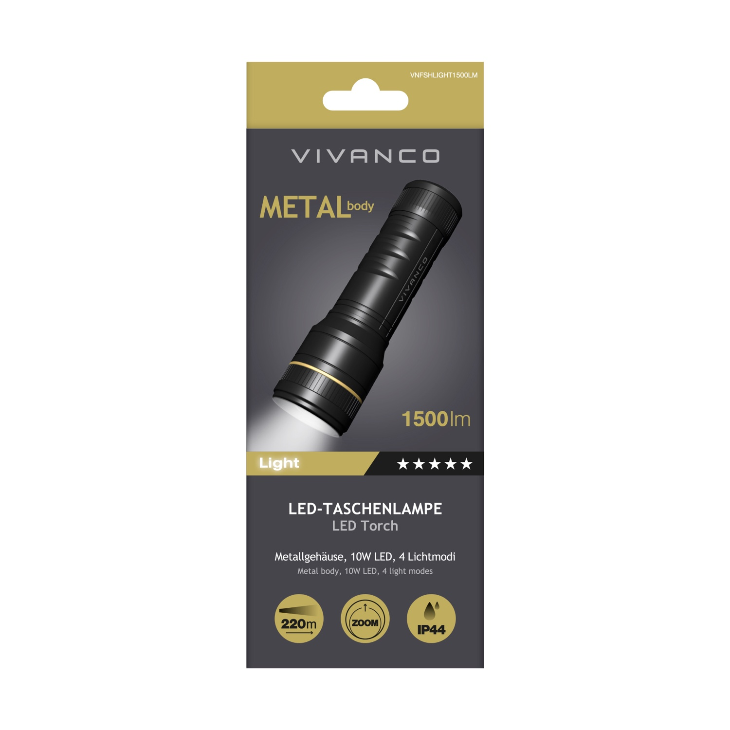 Embalaje de linterna LED Vivanco con linterna de metal negro de 1500lm.