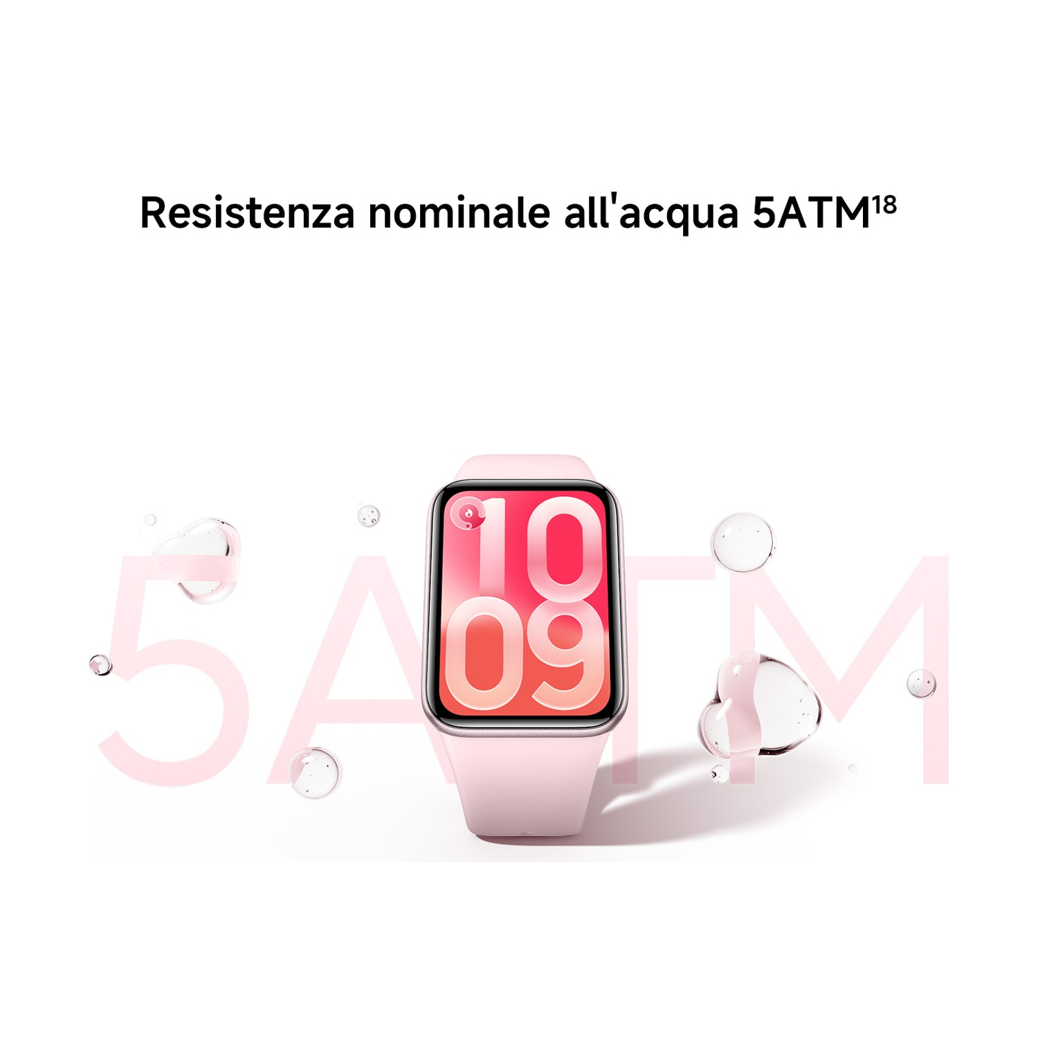 Smartwatch rosa con gocce d'acqua e testo sulla resistenza all'acqua.