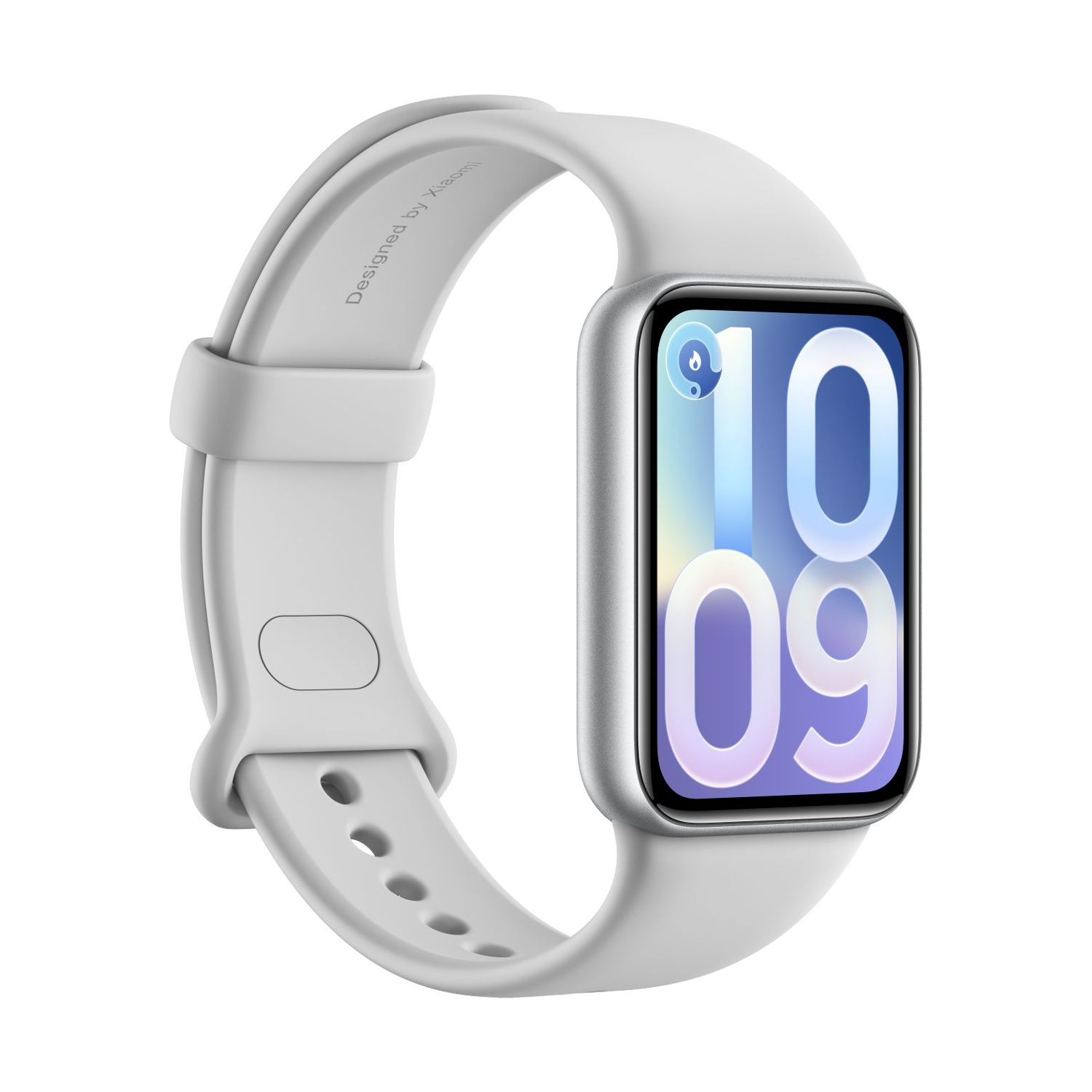 Uno smartwatch grigio con display rettangolare mostra l'ora 10:09 su sfondo bianco.
