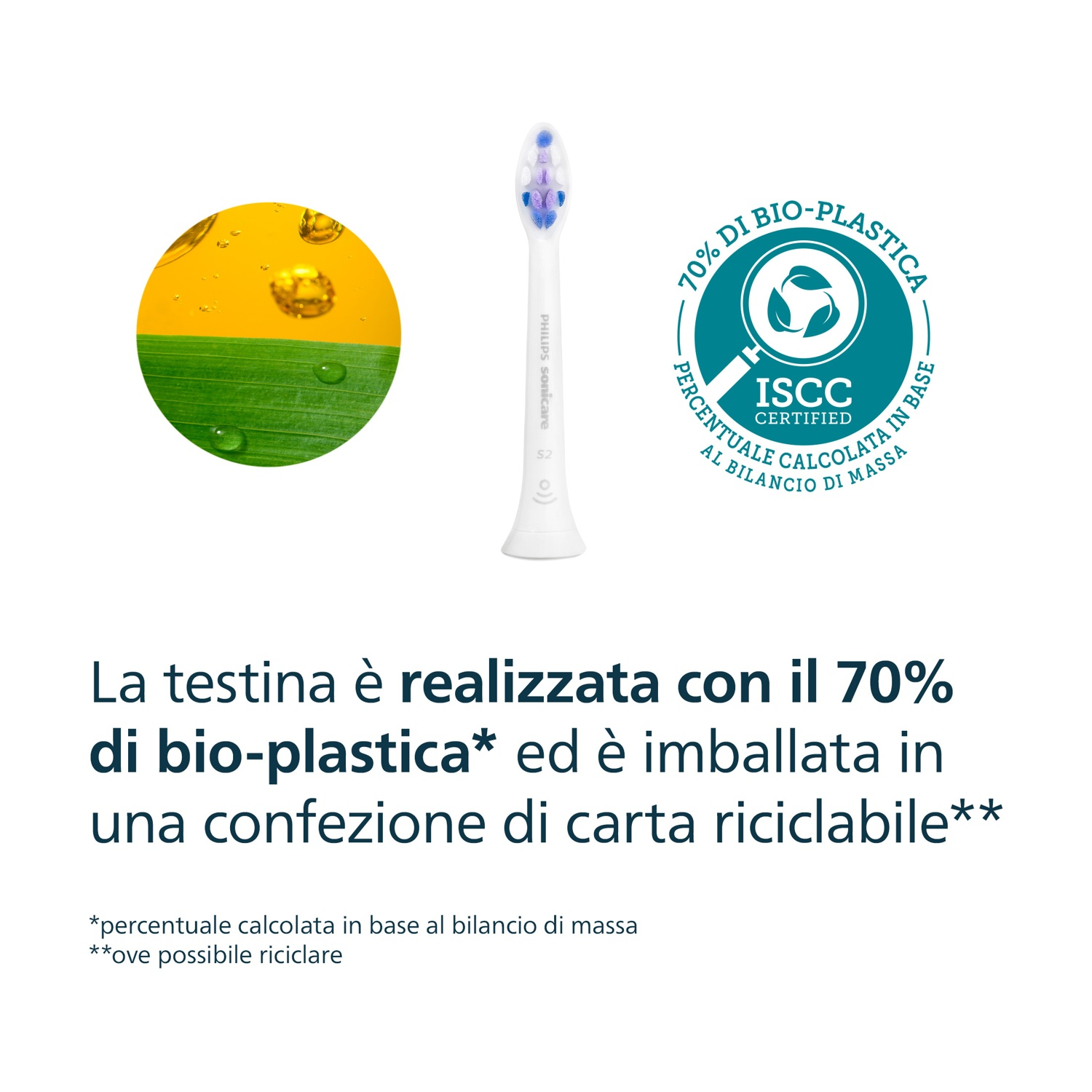 Un cepillo dental blanco con aviso de bioplástico, sello ISCC y texto en blanco.