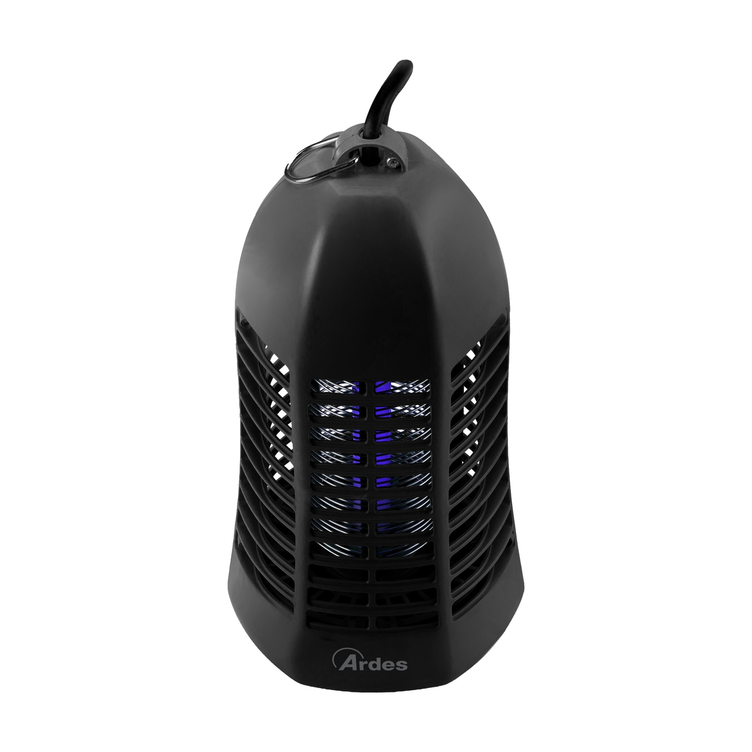 Schwarze elektrische Insektenfalle mit violettem UV-Licht im Gitter und Aufhaengung.