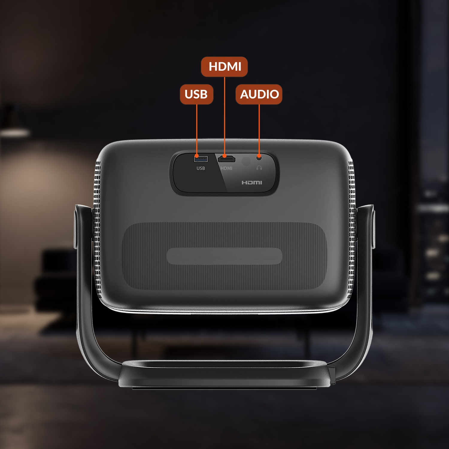 Retro di un proiettore nero con porte USB, HDMI e audio, montato su un supporto.