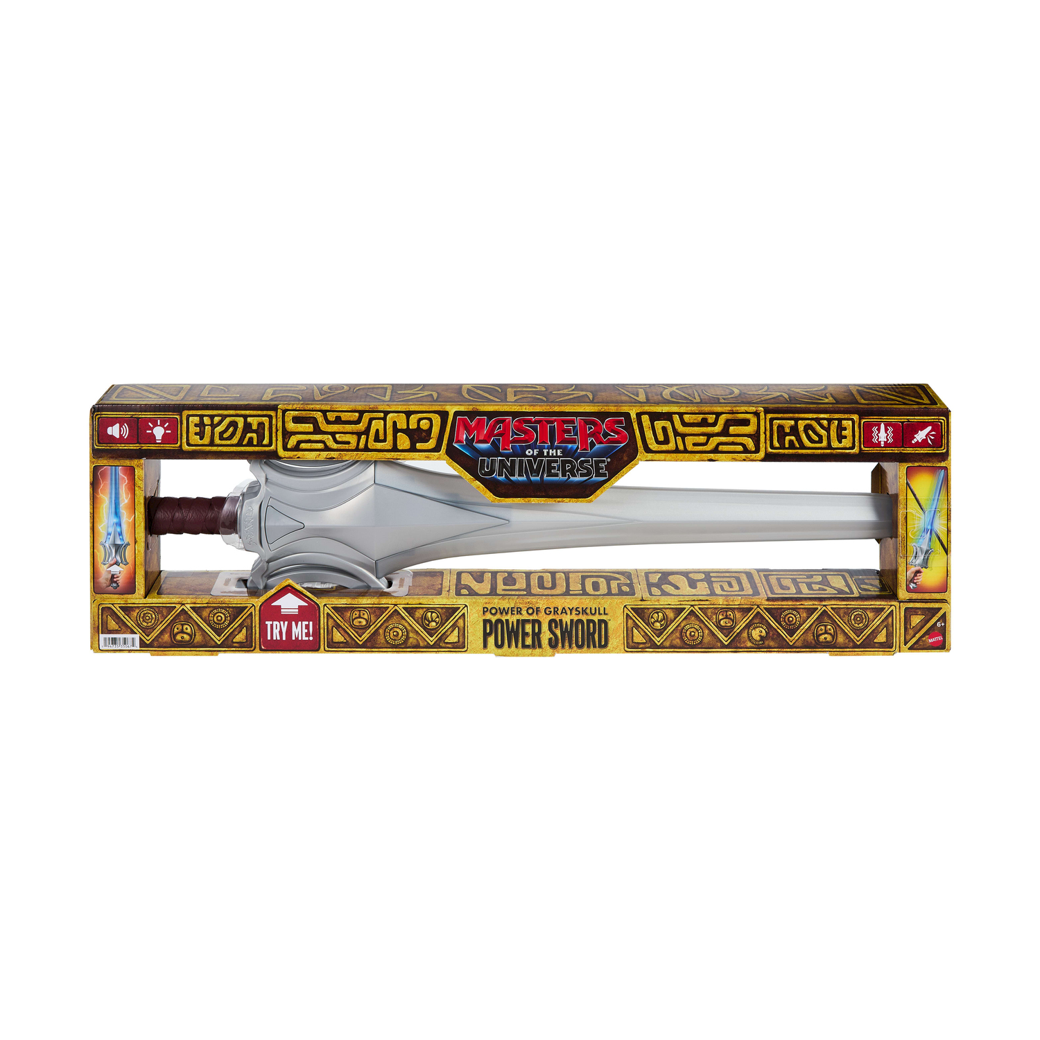 Juguete Power Sword de Masters of the Universe en su caja estampada sobre fondo blanco.