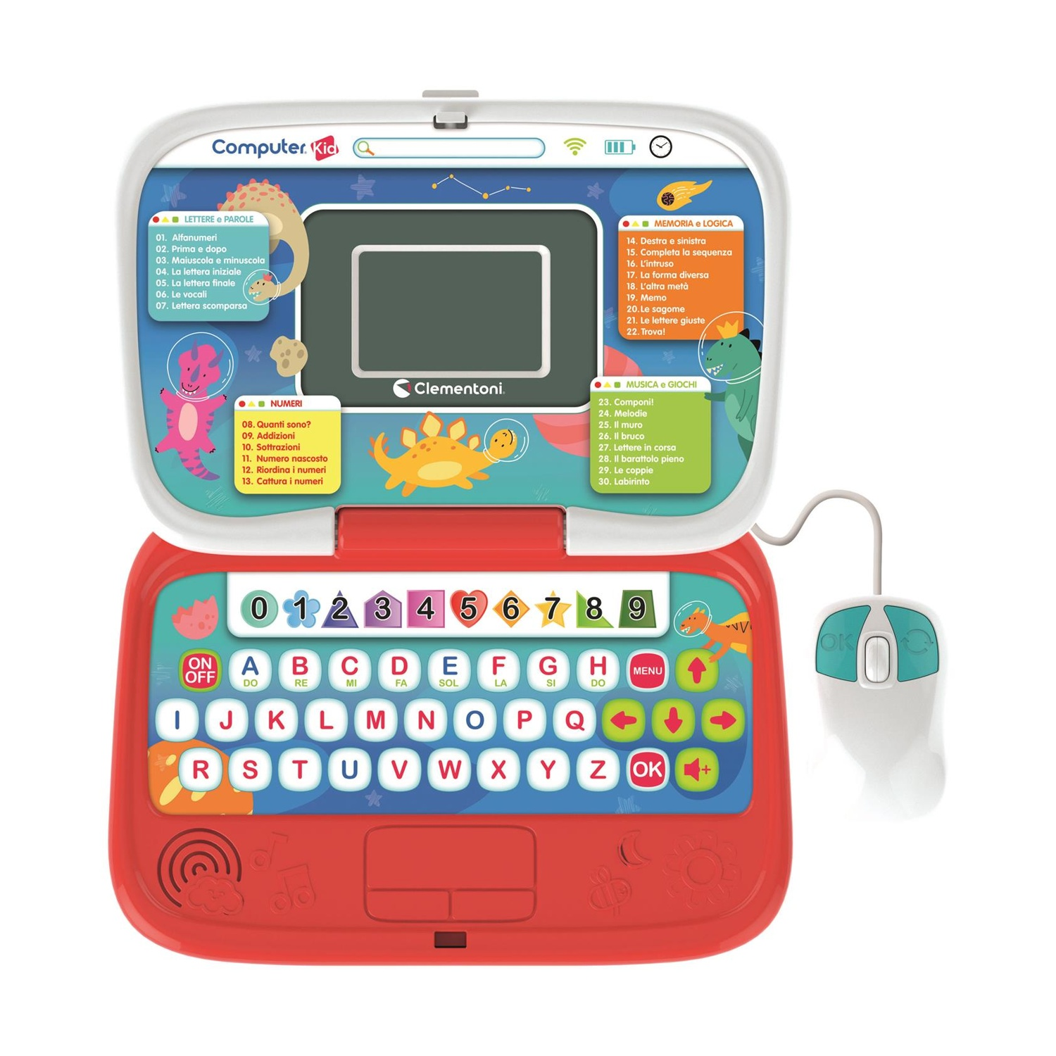 Ein roter und weißer Kinder-Lerncomputer mit Bildschirm, Tastatur und angeschlossener Maus, verziert mit Dinosauriern.