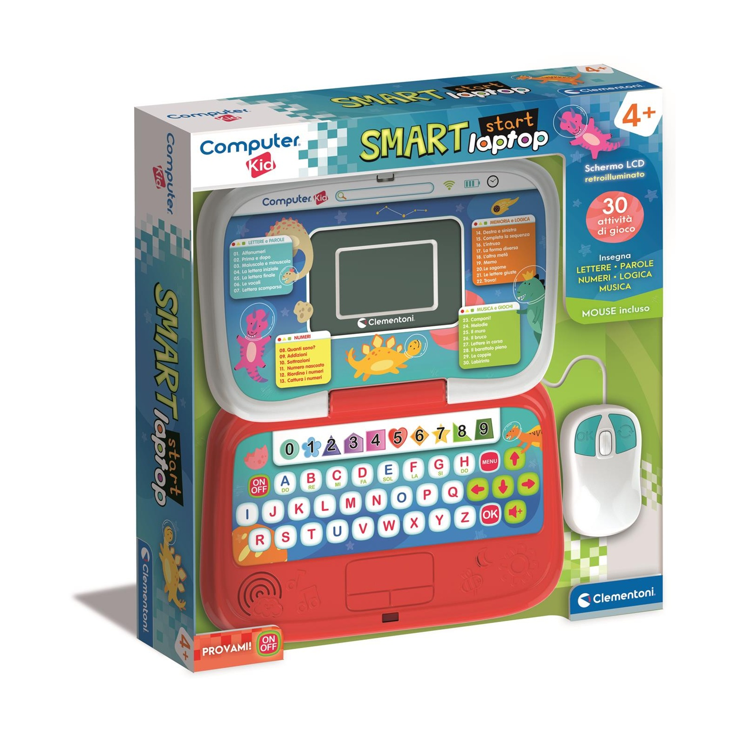 Ein bunter Lern-Laptop für Kinder ab 4 Jahren, mit Bildschirm, Tastatur und Maus in der Schachtel.